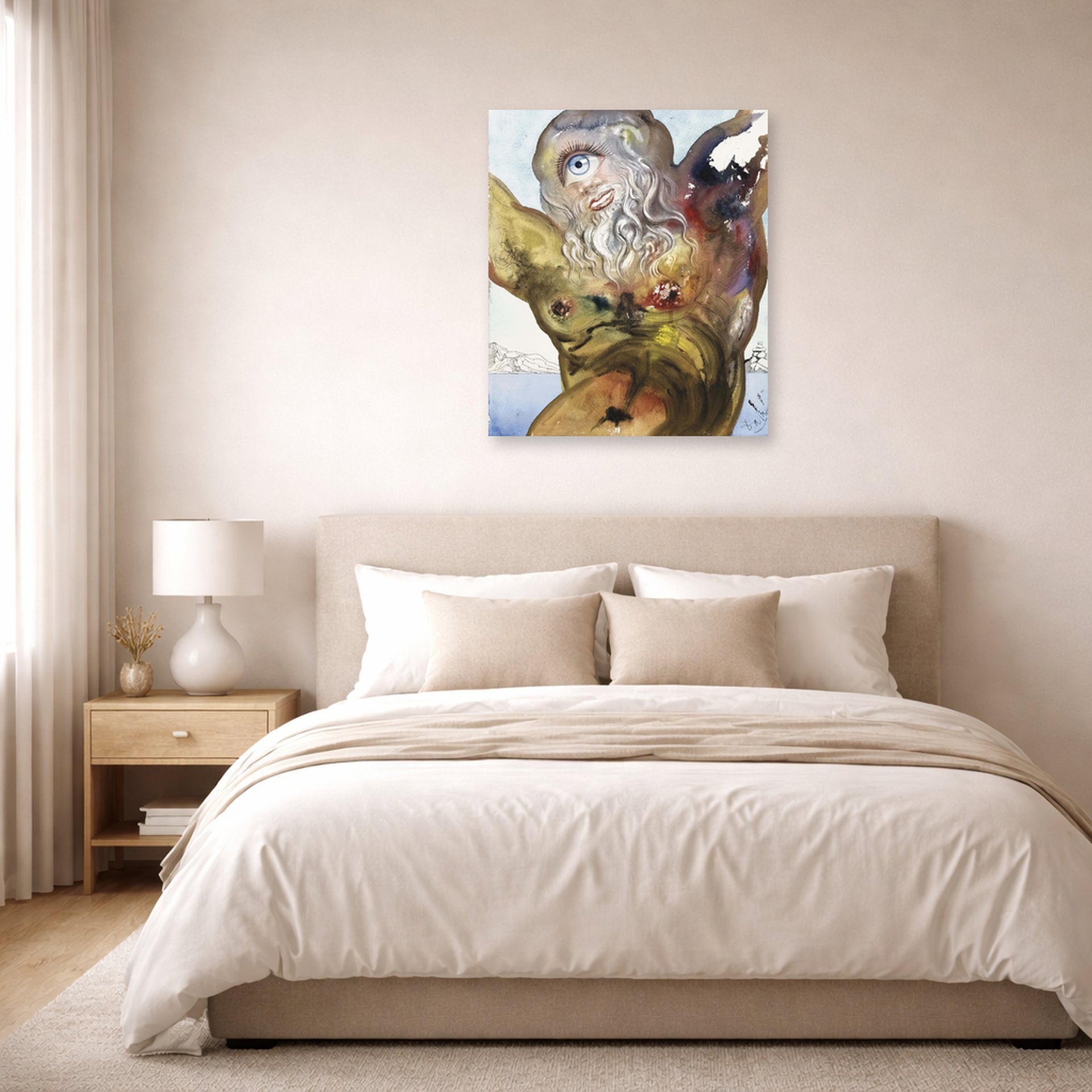 Unframed poster print of Salvador Dali's Polypheme displayed on a wall in a bedroom