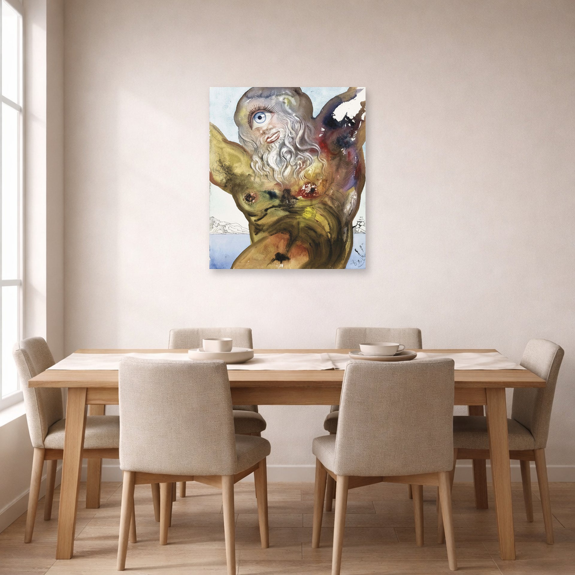 Unframed poster print of Salvador Dali's Polypheme displayed on a wall in a dining room