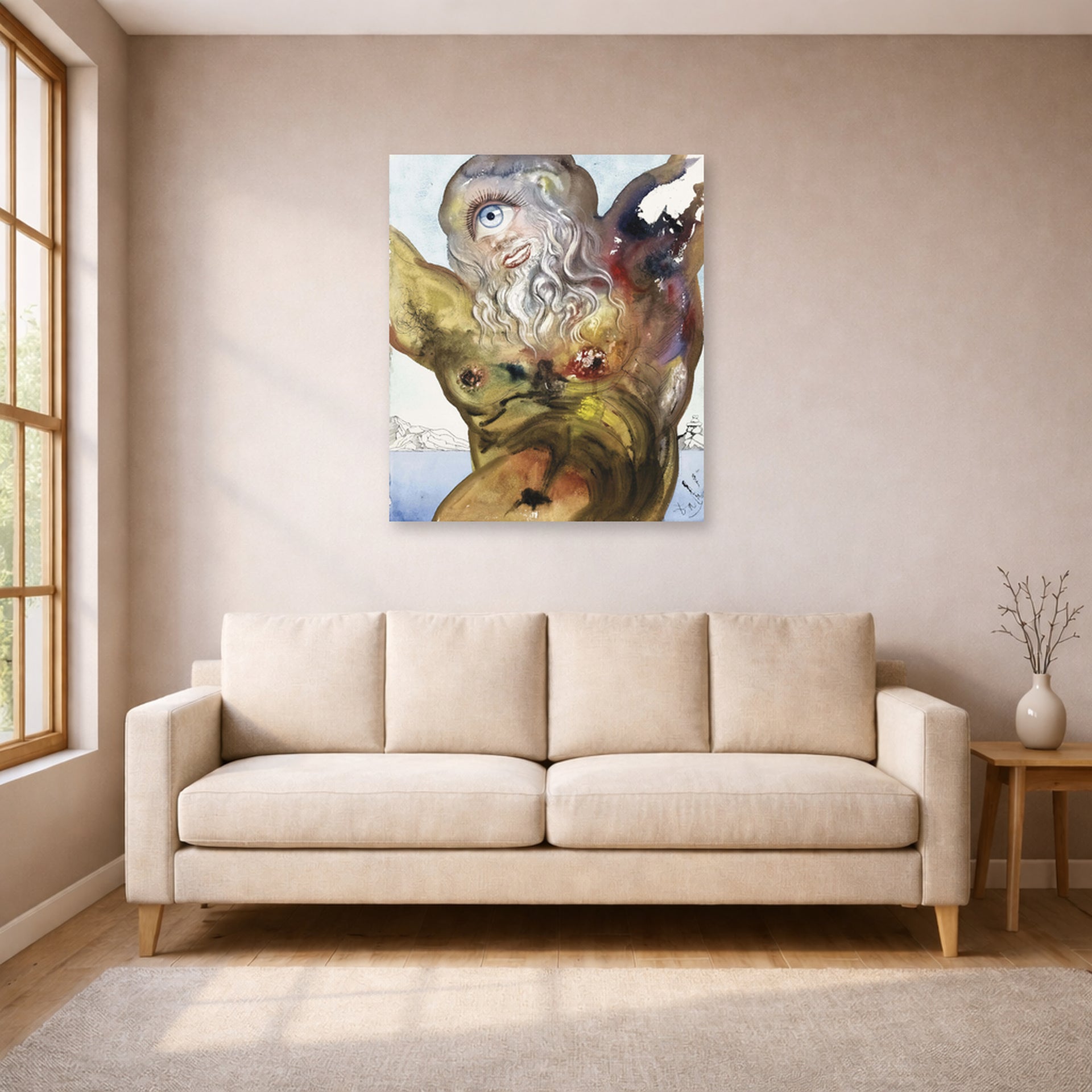 Unframed poster print of Salvador Dali's Polypheme displayed on a wall in a living room
