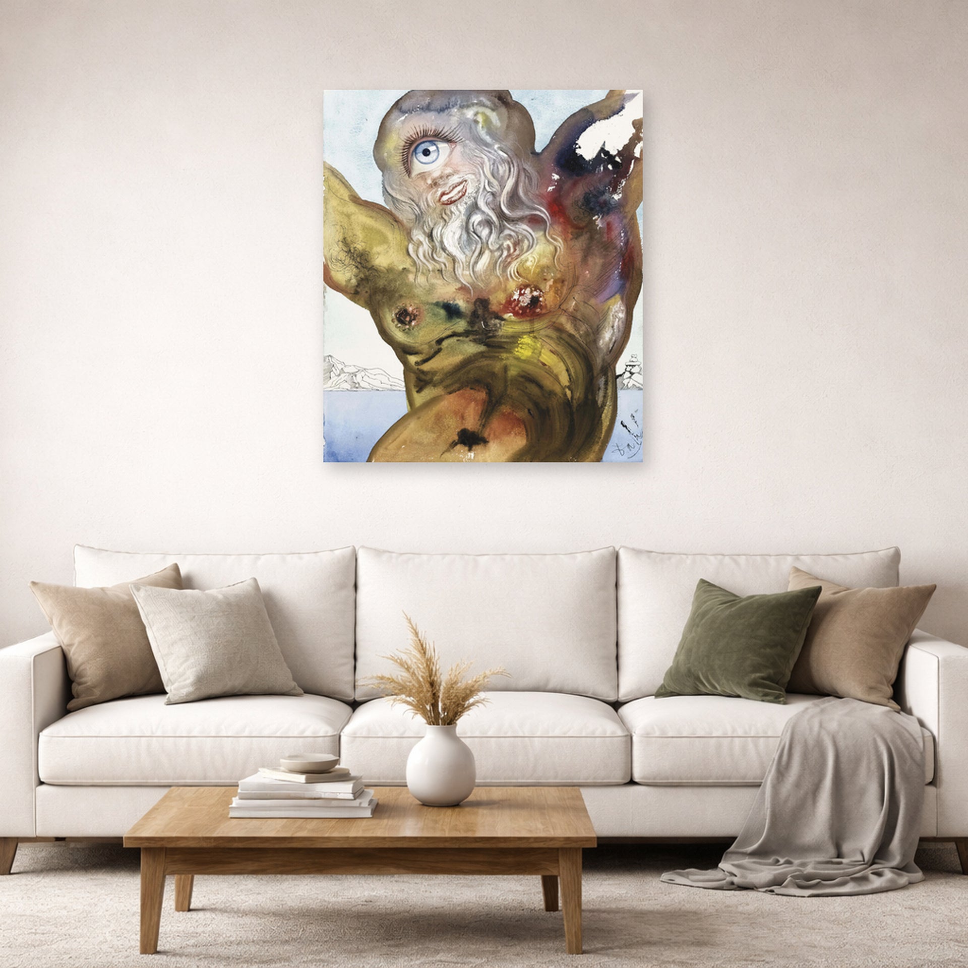 Unframed poster print of Salvador Dali's Polypheme displayed on a wall in a living room