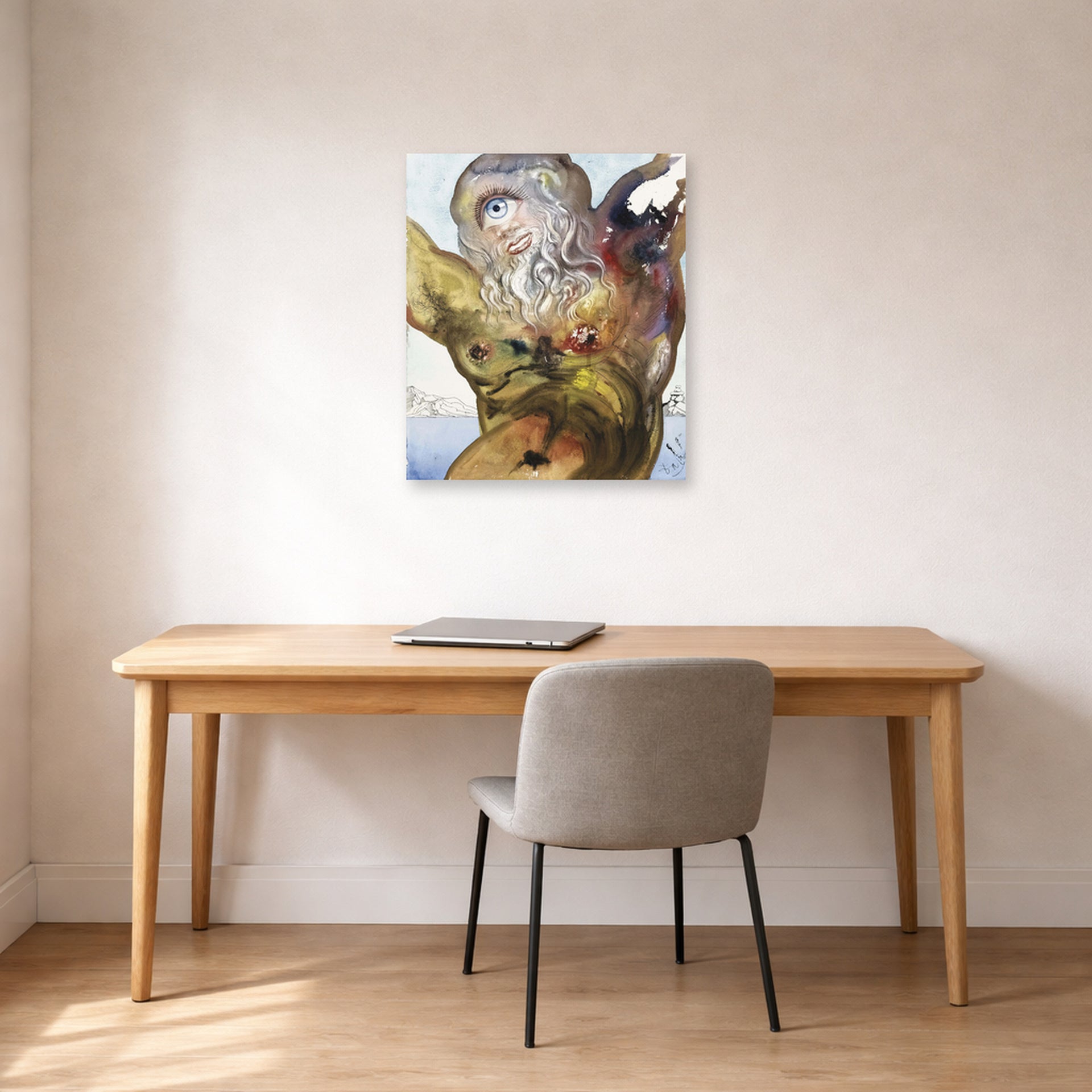 Unframed poster print of Salvador Dali's Polypheme displayed on a wall in a office