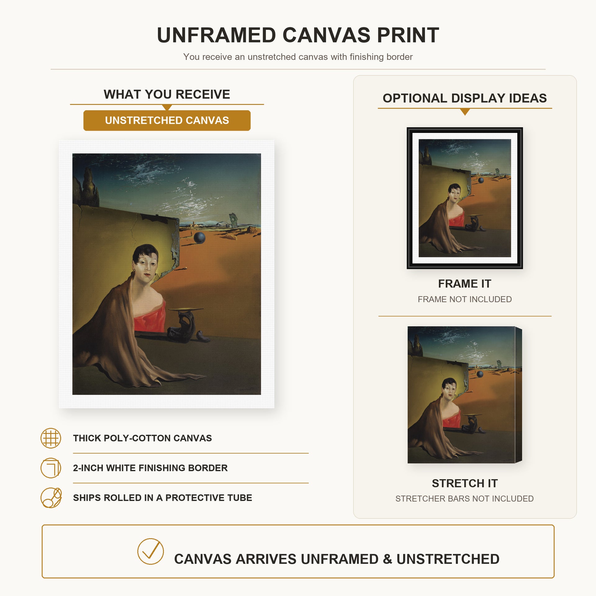 Salvador Dali - Portrait De Madame Ducas canvas print size comparison and framing display infographic