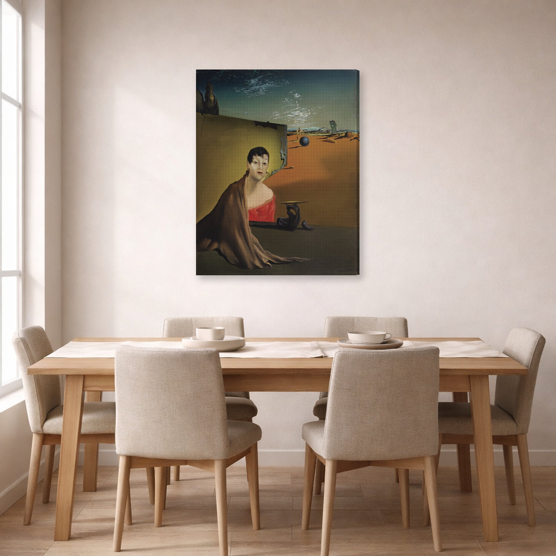 Gallery-wrapped canvas print of Salvador Dali's Portrait De Madame Ducas displayed on a wall in a dining room