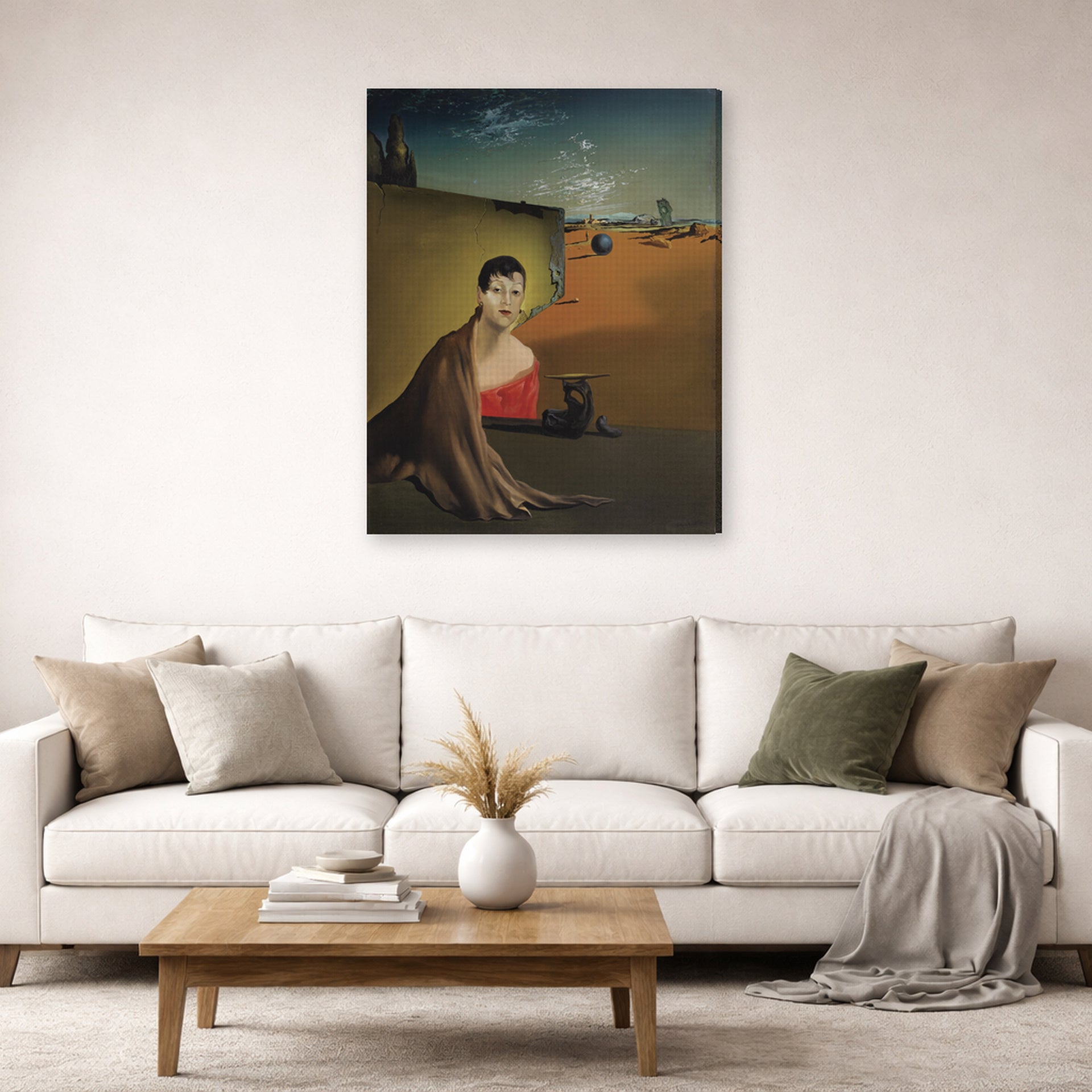Gallery-wrapped canvas print of Salvador Dali's Portrait De Madame Ducas displayed on a wall in a living room