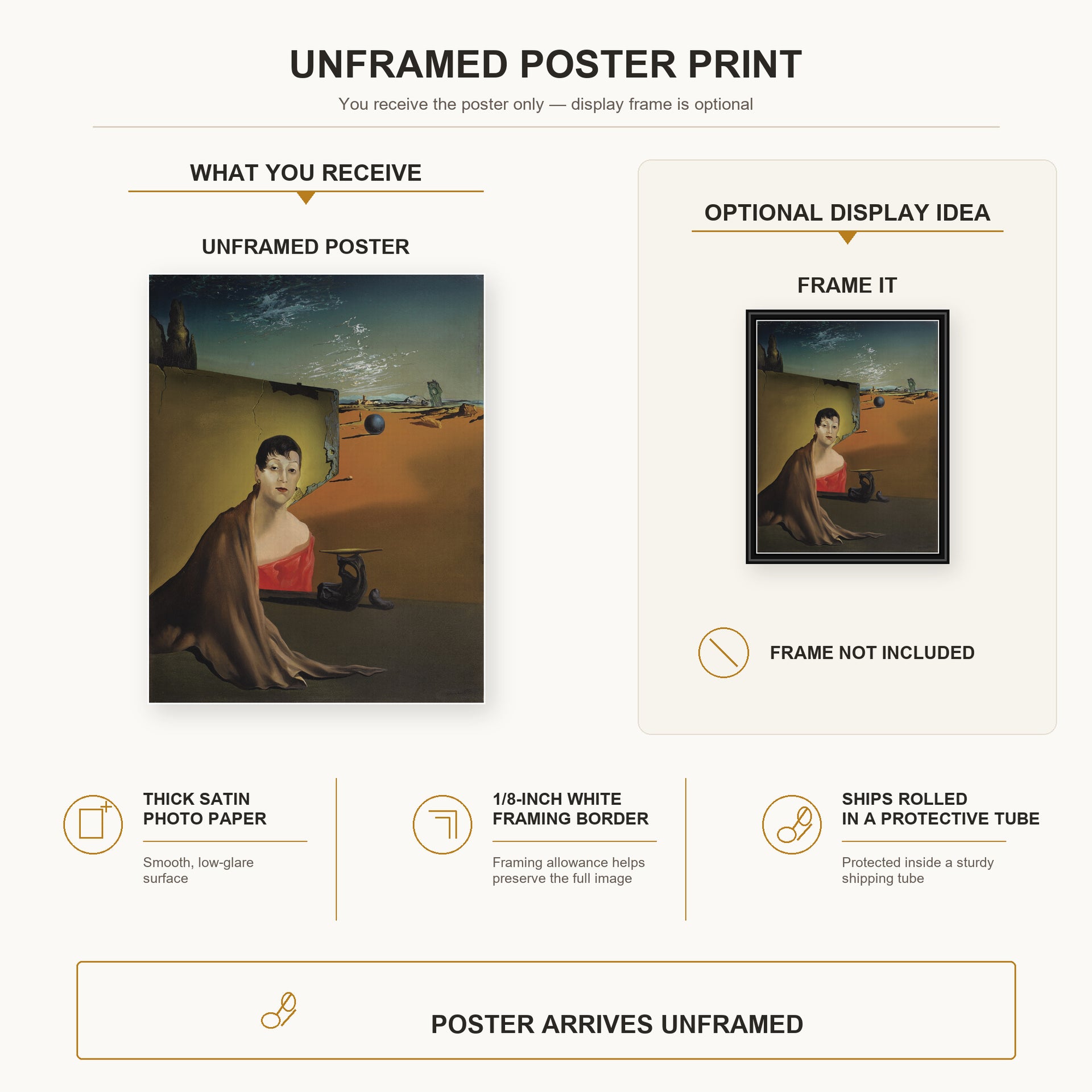 Salvador Dali - Portrait De Madame Ducas poster print size comparison and framing display infographic