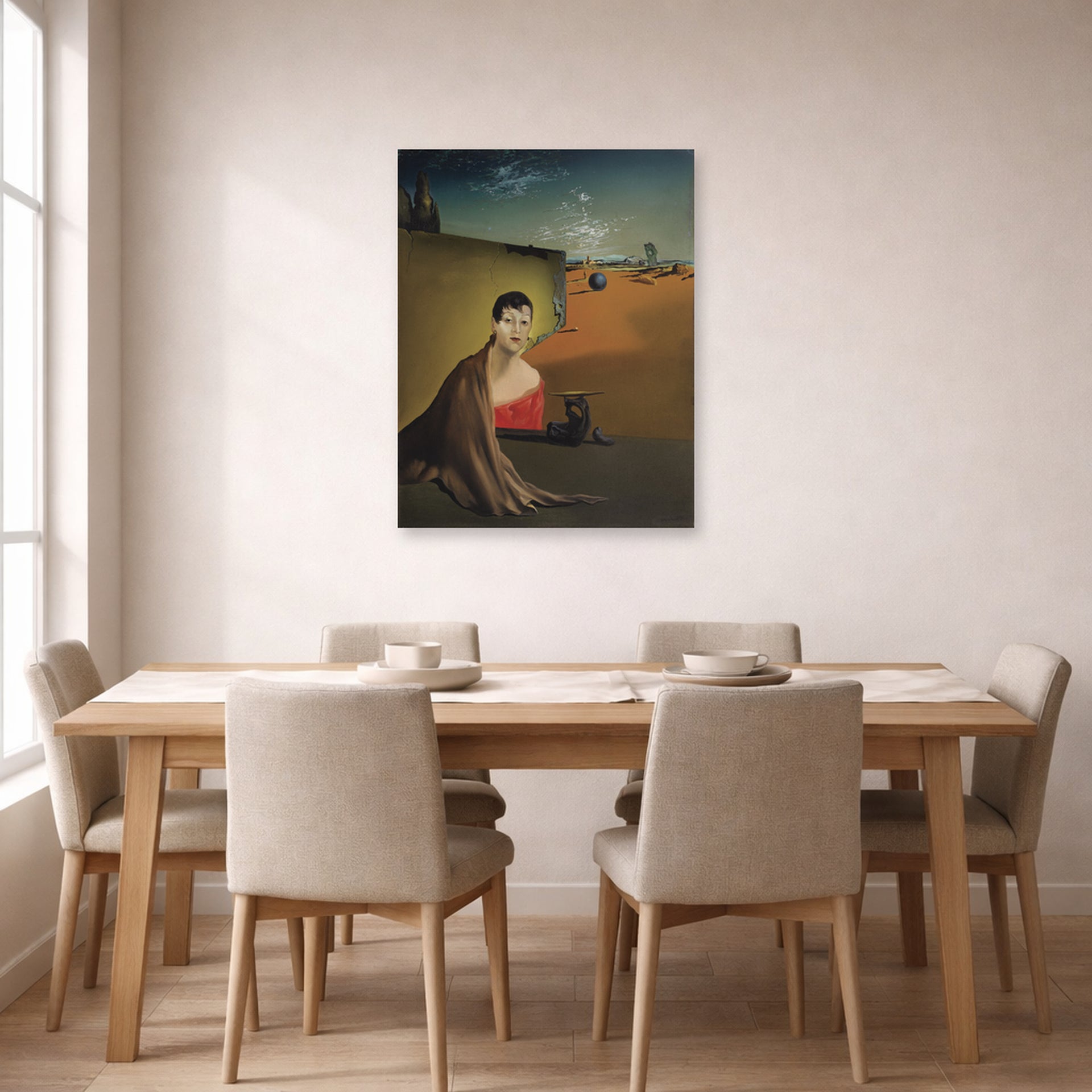 Unframed poster print of Salvador Dali's Portrait De Madame Ducas displayed on a wall in a dining room