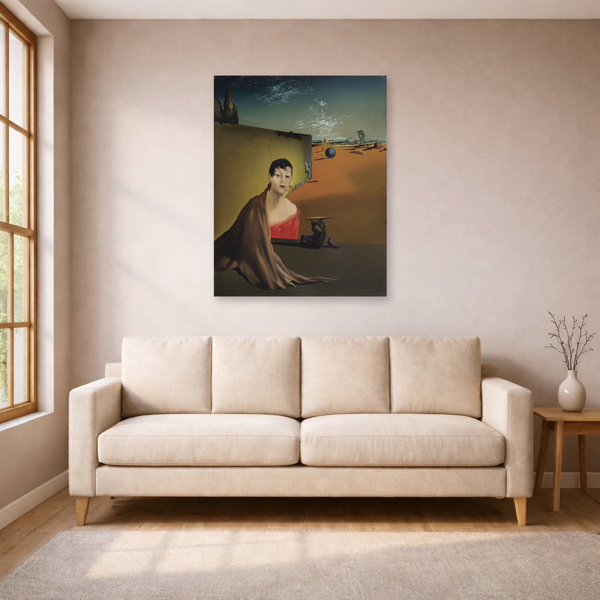 Unframed poster print of Salvador Dali's Portrait De Madame Ducas displayed on a wall in a living room