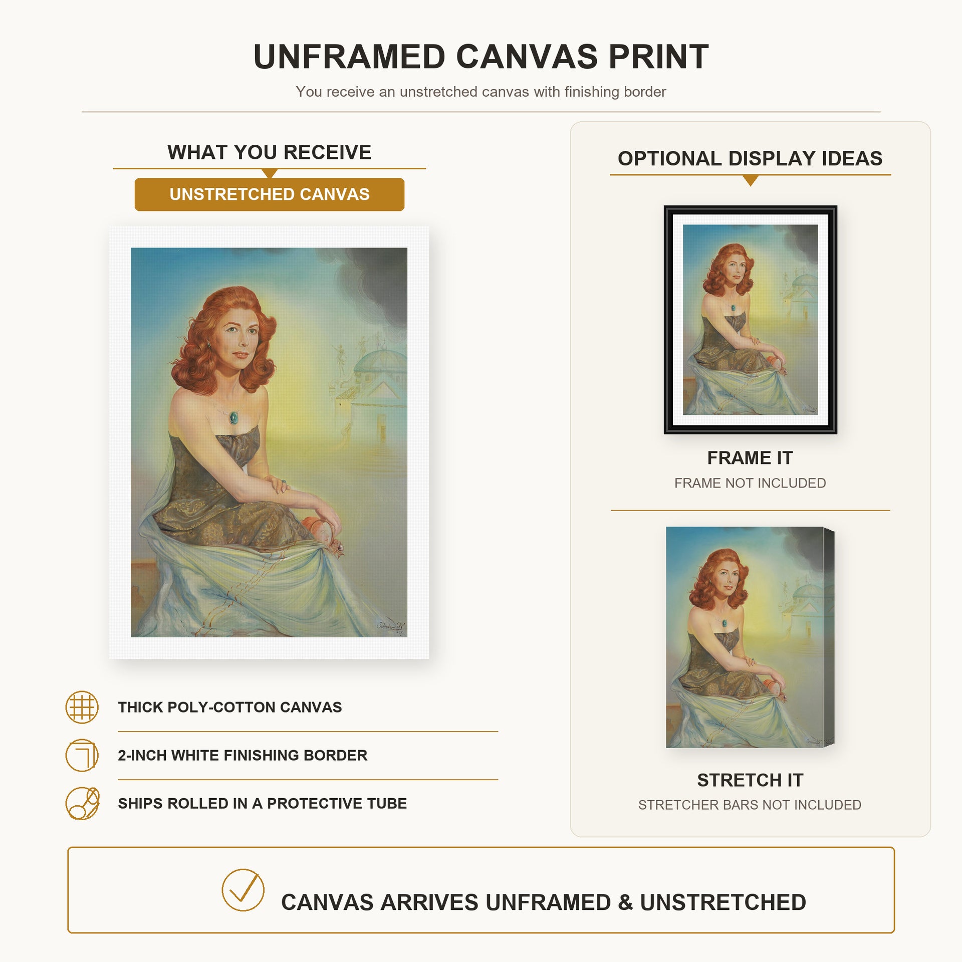 Salvador Dali - Portrait of Eunice Gardiner canvas print size comparison and framing display infographic