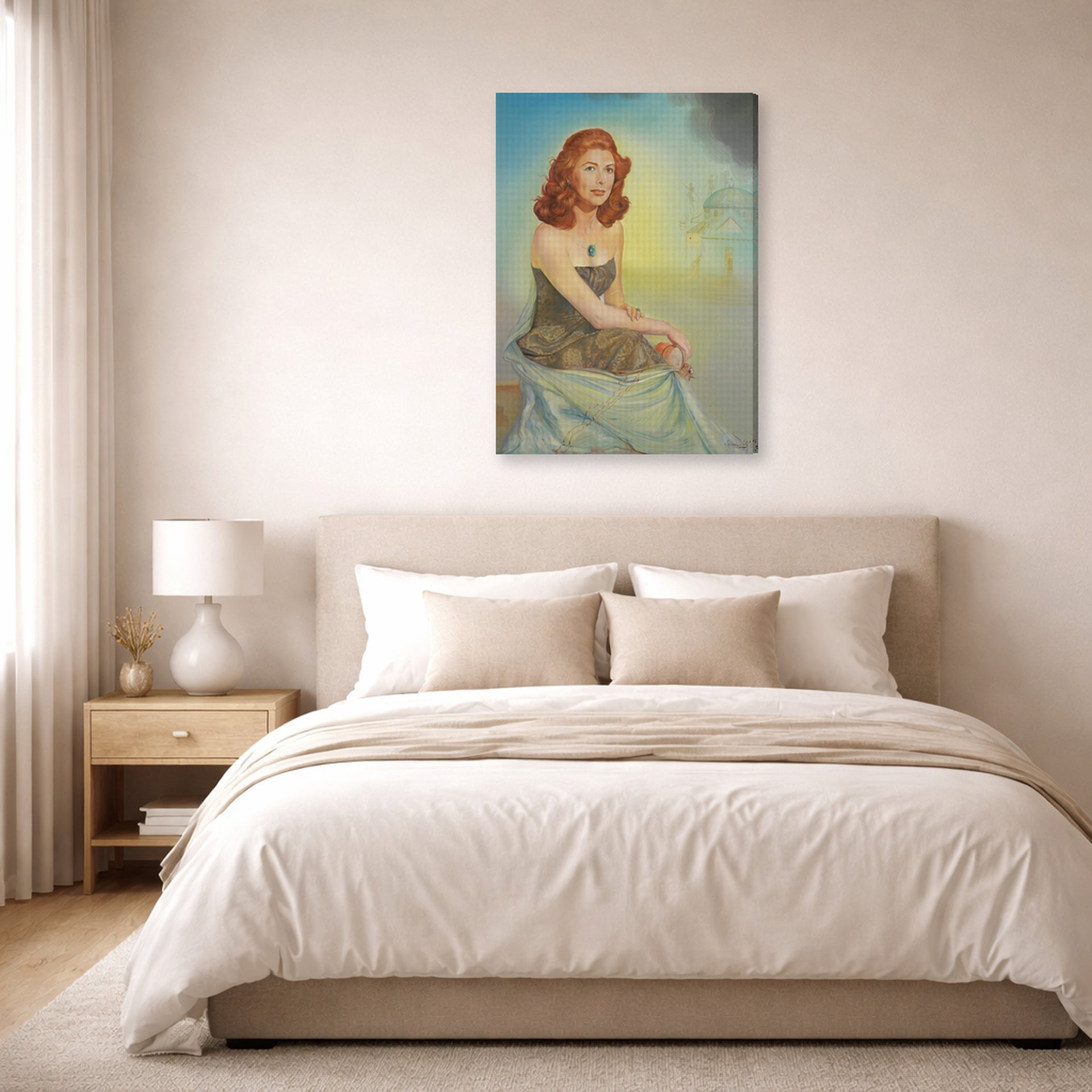 Gallery-wrapped canvas print of Salvador Dali's Portrait of Eunice Gardiner displayed on a wall in a bedroom