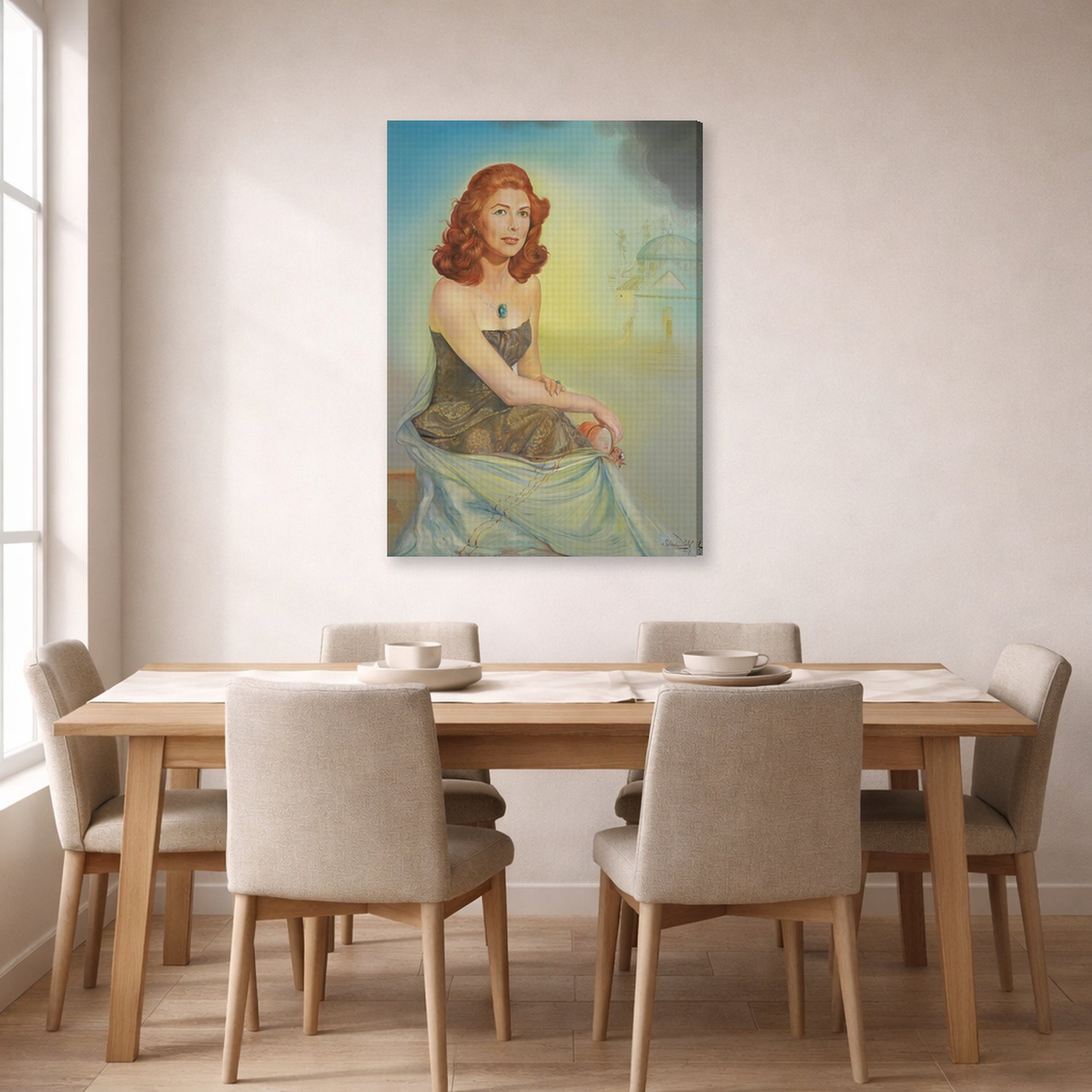 Gallery-wrapped canvas print of Salvador Dali's Portrait of Eunice Gardiner displayed on a wall in a dining room