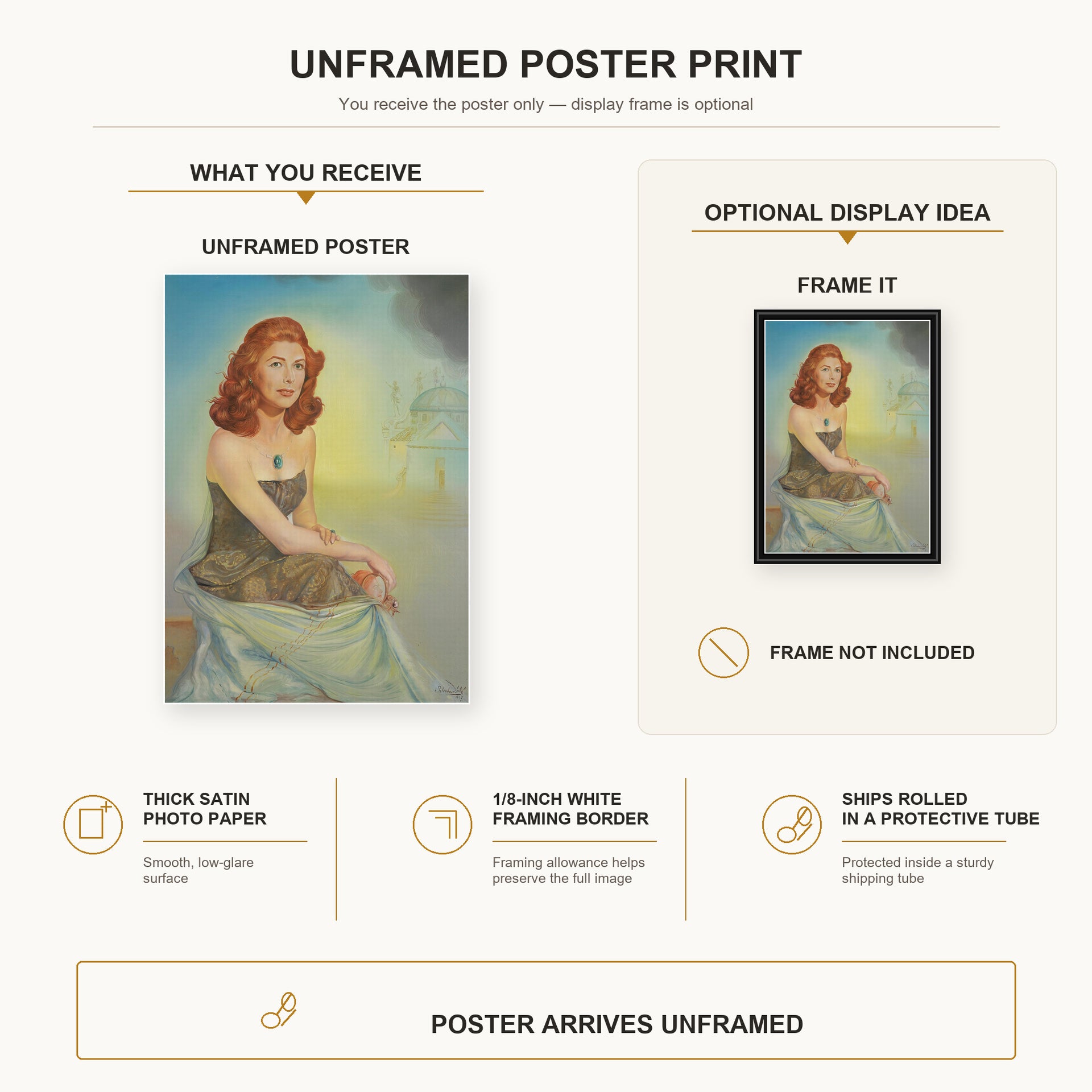 Salvador Dali - Portrait of Eunice Gardiner poster print size comparison and framing display infographic
