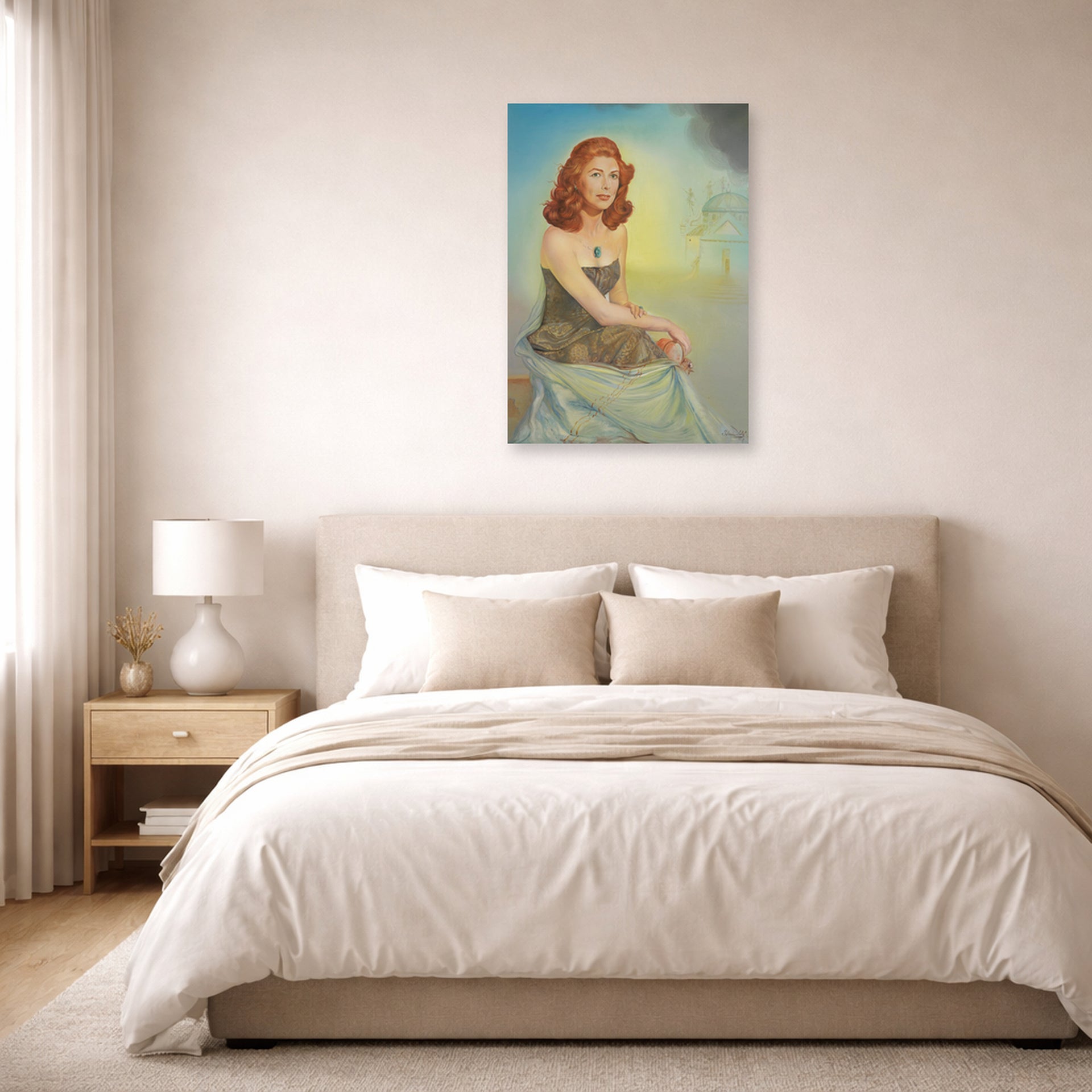 Unframed poster print of Salvador Dali's Portrait of Eunice Gardiner displayed on a wall in a bedroom