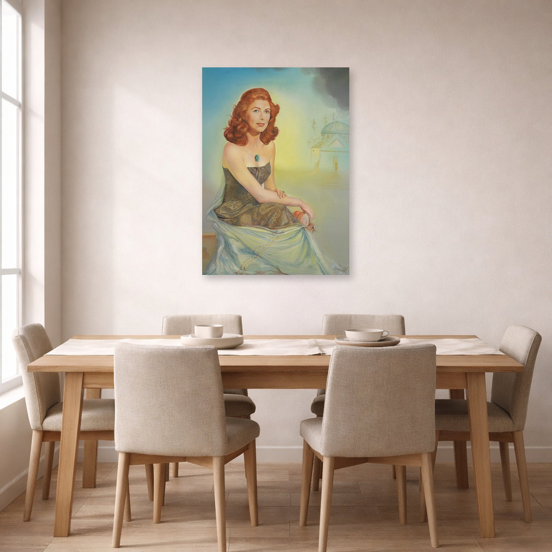 Unframed poster print of Salvador Dali's Portrait of Eunice Gardiner displayed on a wall in a dining room