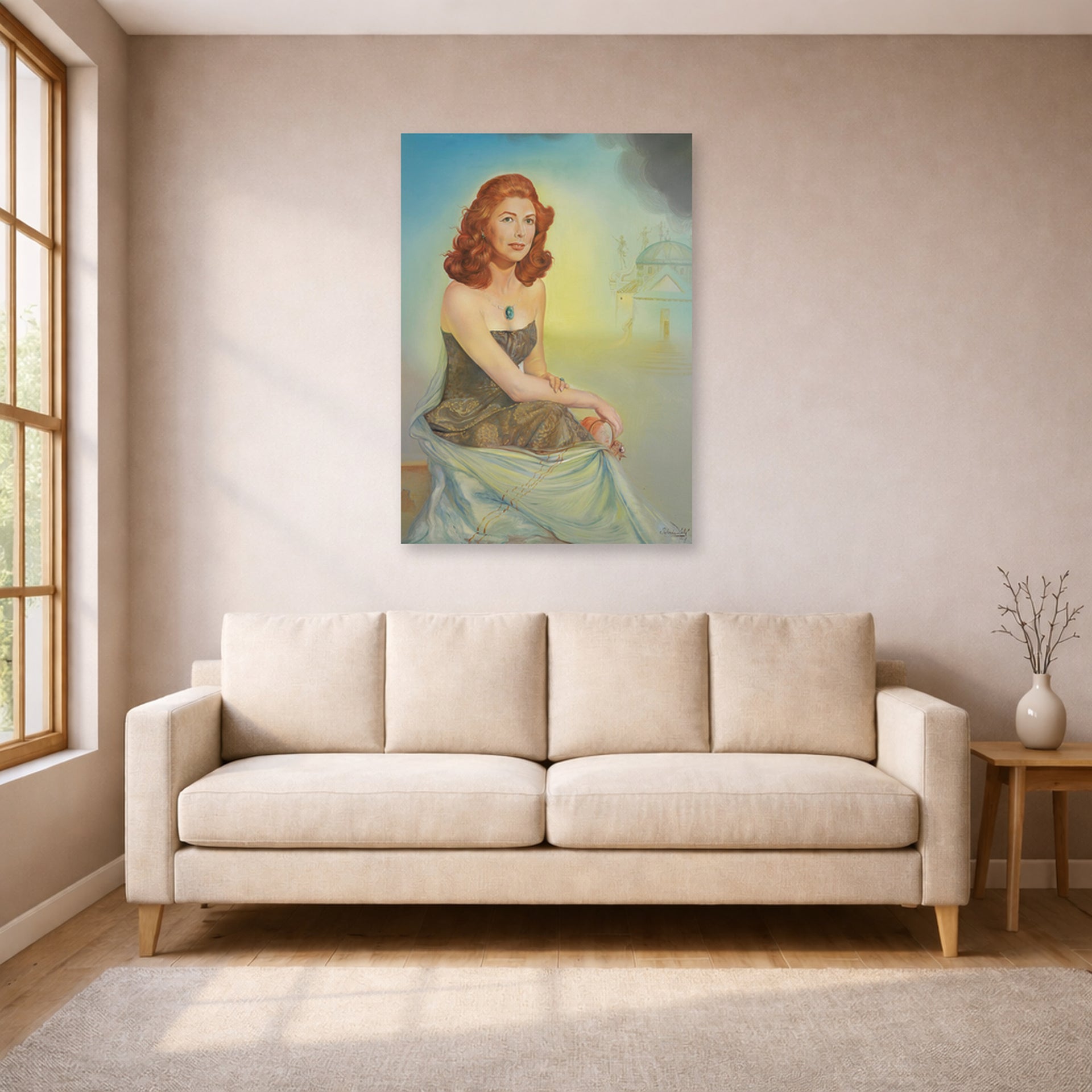Unframed poster print of Salvador Dali's Portrait of Eunice Gardiner displayed on a wall in a living room