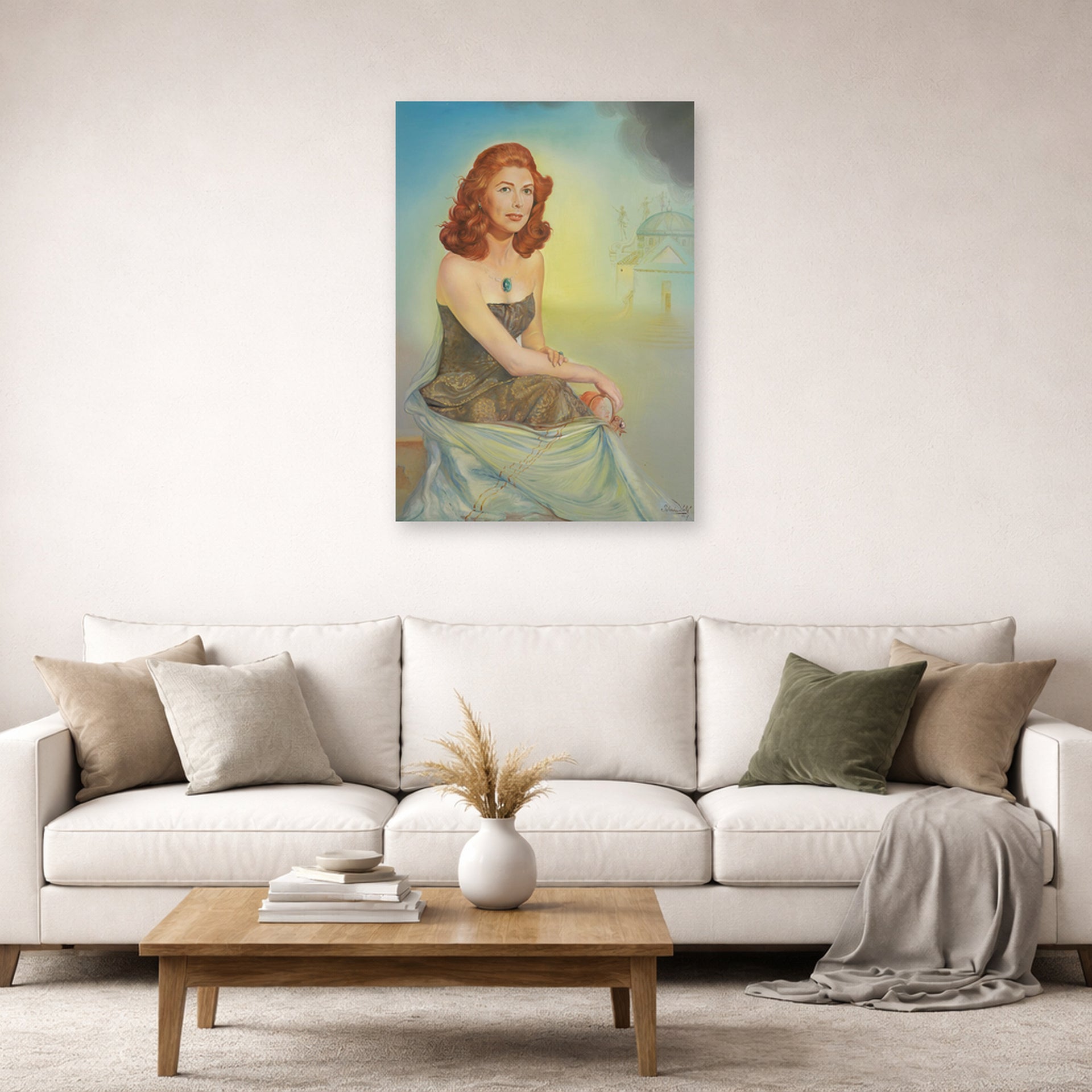 Unframed poster print of Salvador Dali's Portrait of Eunice Gardiner displayed on a wall in a living room