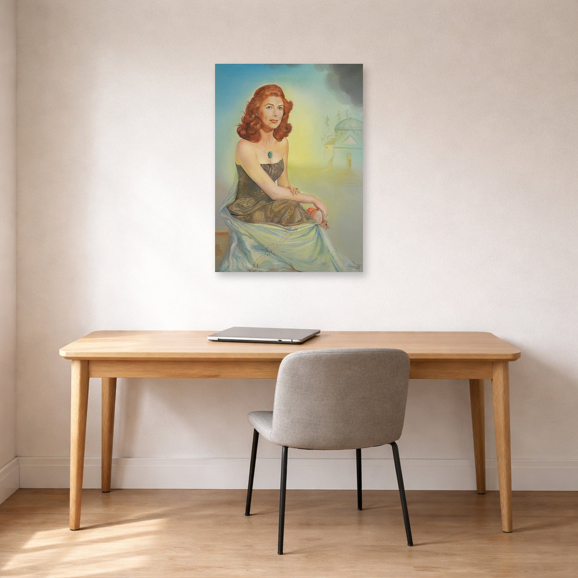 Unframed poster print of Salvador Dali's Portrait of Eunice Gardiner displayed on a wall in a office
