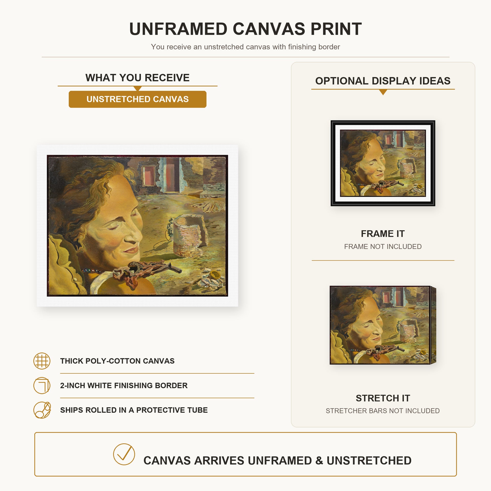Salvador Dali - Portrait of Gala with Two Lamb Chops in Equilibrium Upon Her Shoulder canvas print size comparison and framing display infographic