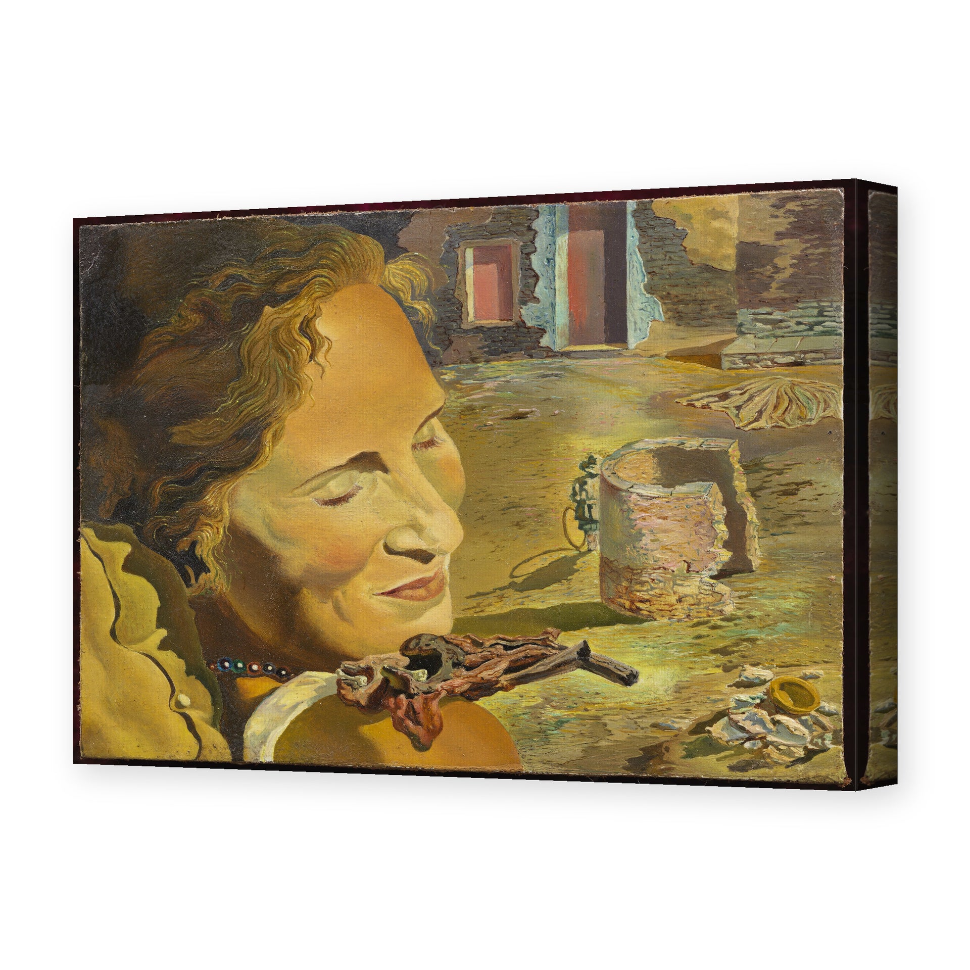 Salvador Dali's 'Portrait of Gala with Two Lamb Chops in Equilibrium Upon Her Shoulder' painting reproduced as a gallery-wrapped canvas print