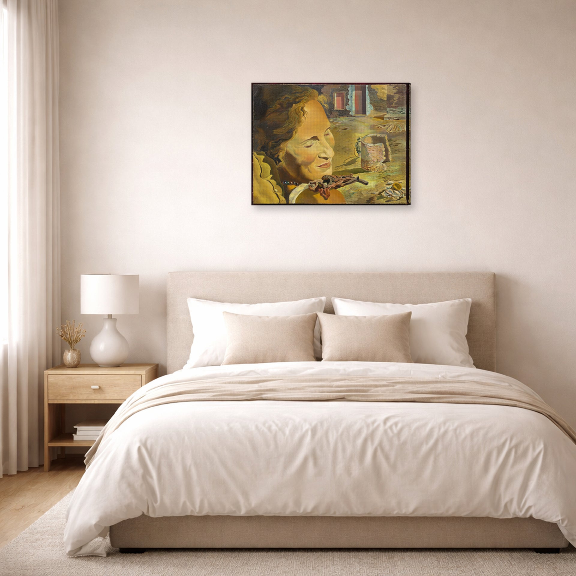 Gallery-wrapped canvas print of Salvador Dali's Portrait of Gala with Two Lamb Chops in Equilibrium Upon Her Shoulder displayed on a wall in a bedroom
