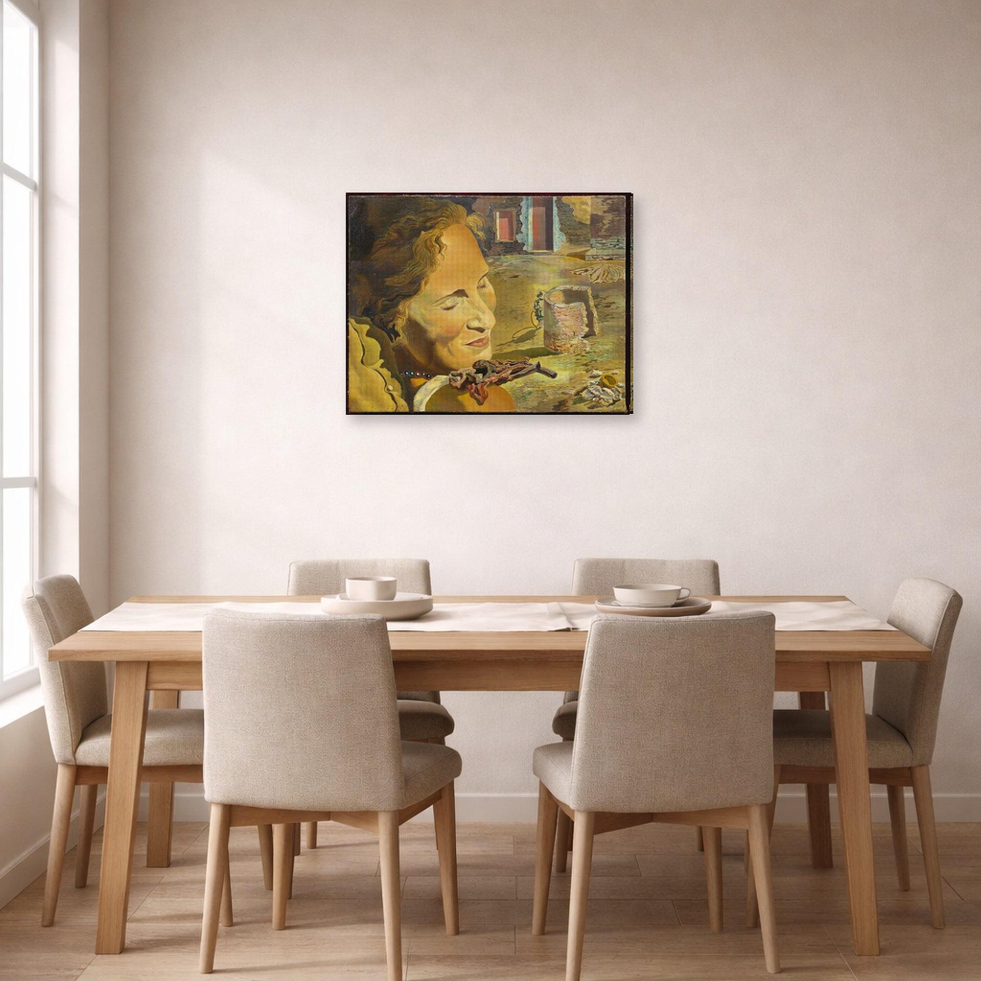 Gallery-wrapped canvas print of Salvador Dali's Portrait of Gala with Two Lamb Chops in Equilibrium Upon Her Shoulder displayed on a wall in a dining room