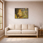 Gallery-wrapped canvas print of Salvador Dali's Portrait of Gala with Two Lamb Chops in Equilibrium Upon Her Shoulder displayed on a wall in a living room
