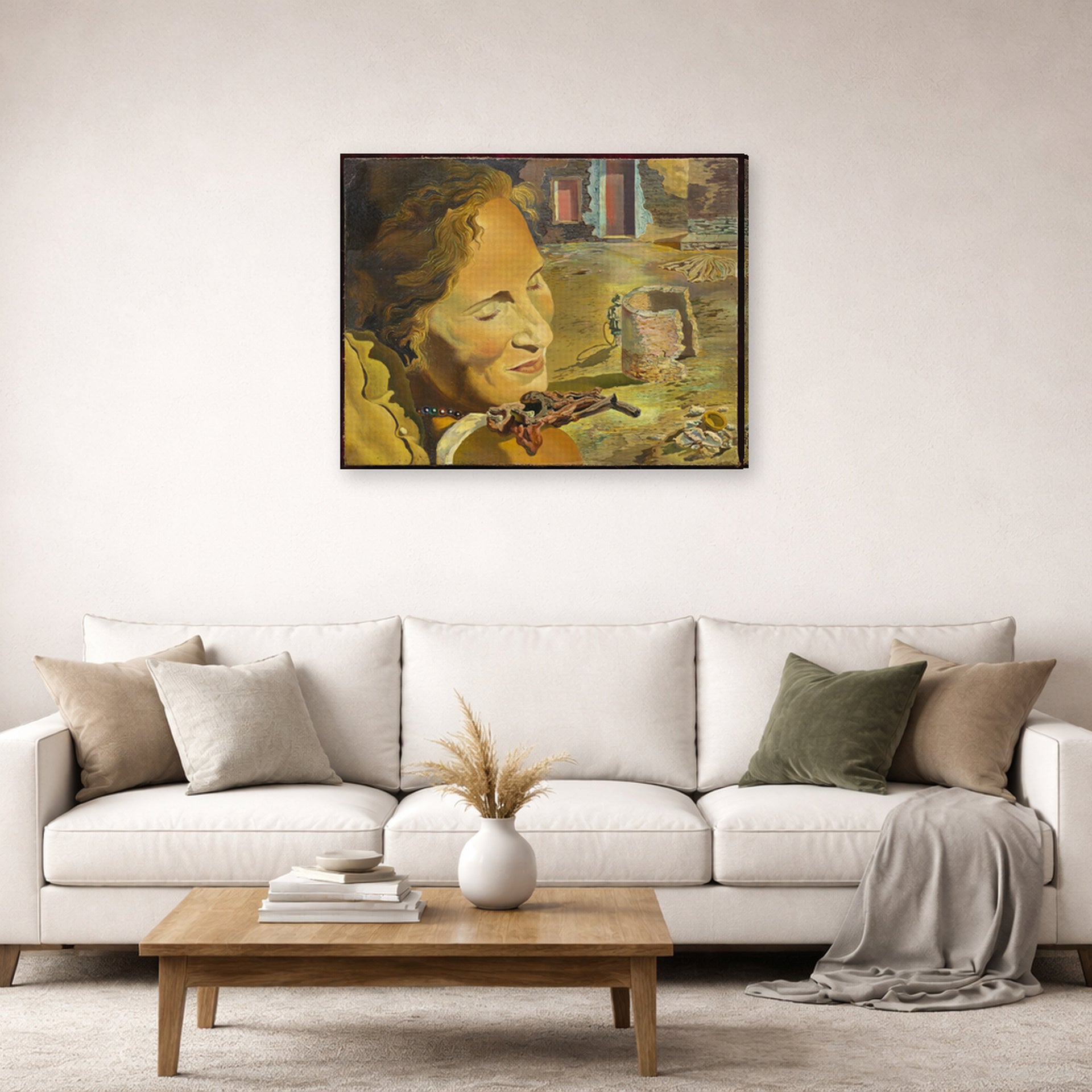 Gallery-wrapped canvas print of Salvador Dali's Portrait of Gala with Two Lamb Chops in Equilibrium Upon Her Shoulder displayed on a wall in a living room