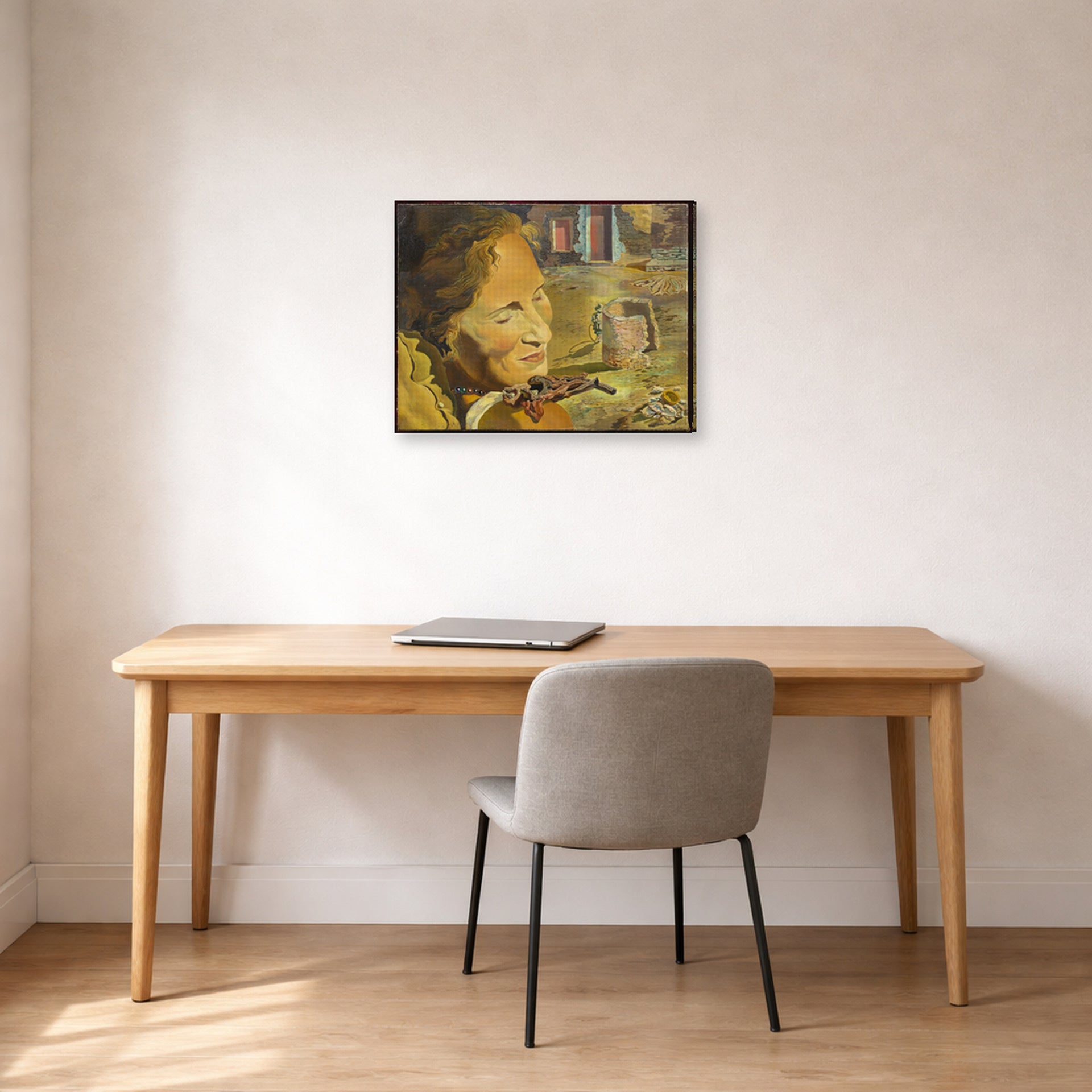 Gallery-wrapped canvas print of Salvador Dali's Portrait of Gala with Two Lamb Chops in Equilibrium Upon Her Shoulder displayed on a wall in a office