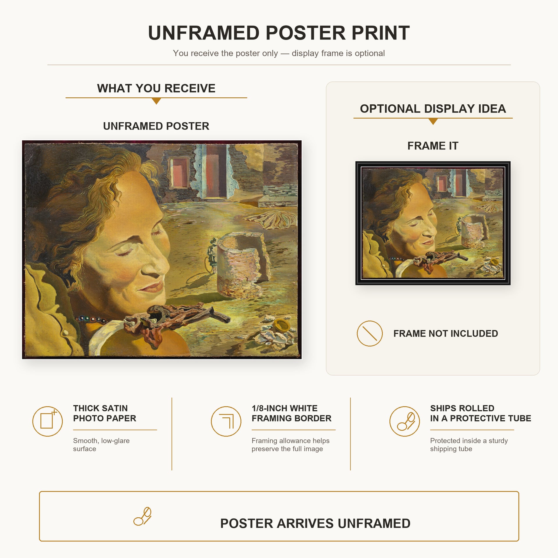 Salvador Dali - Portrait of Gala with Two Lamb Chops in Equilibrium Upon Her Shoulder poster print size comparison and framing display infographic