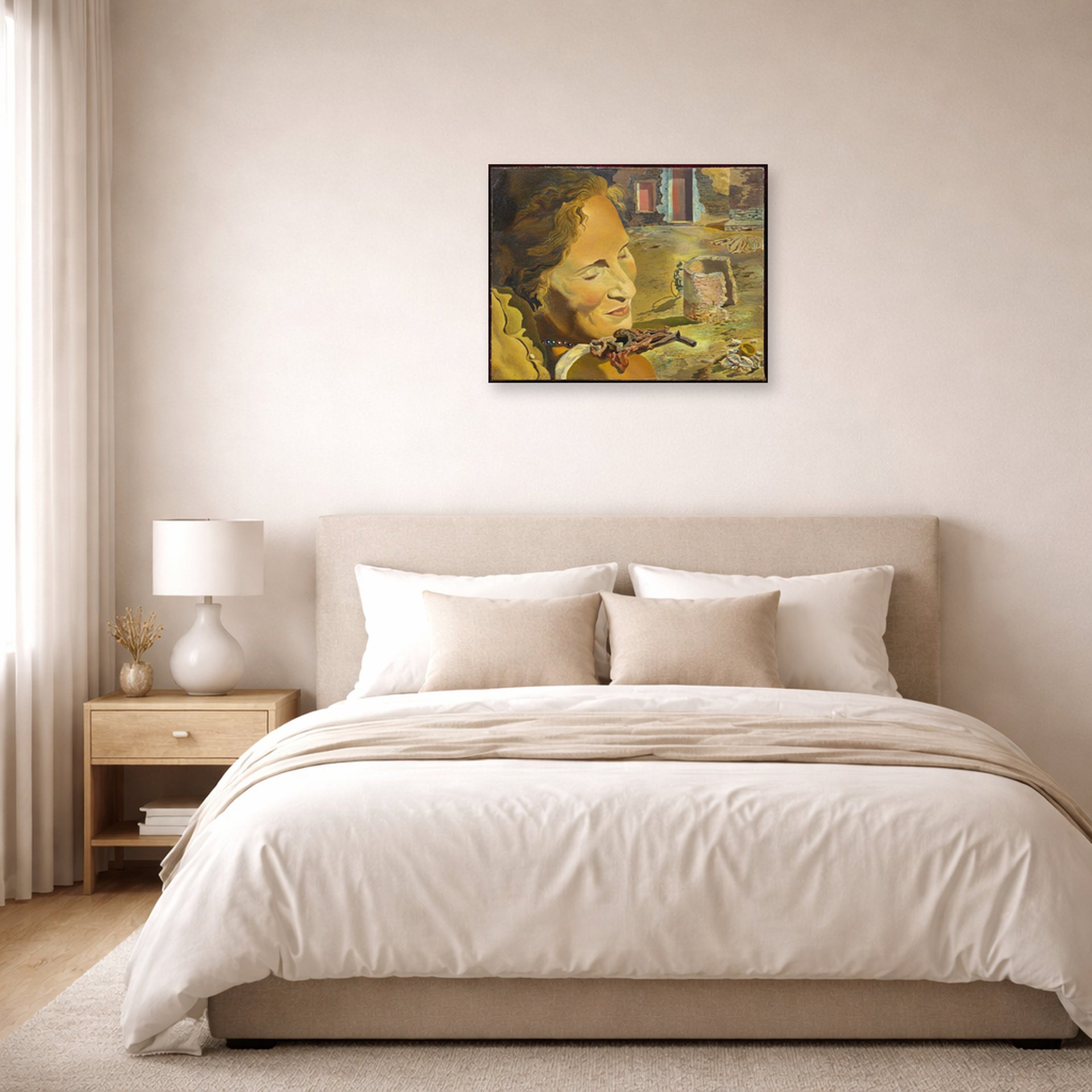 Unframed poster print of Salvador Dali's Portrait of Gala with Two Lamb Chops in Equilibrium Upon Her Shoulder displayed on a wall in a bedroom