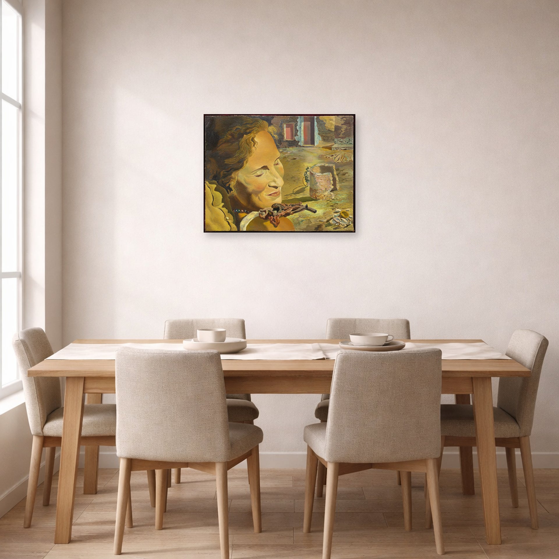 Unframed poster print of Salvador Dali's Portrait of Gala with Two Lamb Chops in Equilibrium Upon Her Shoulder displayed on a wall in a dining room