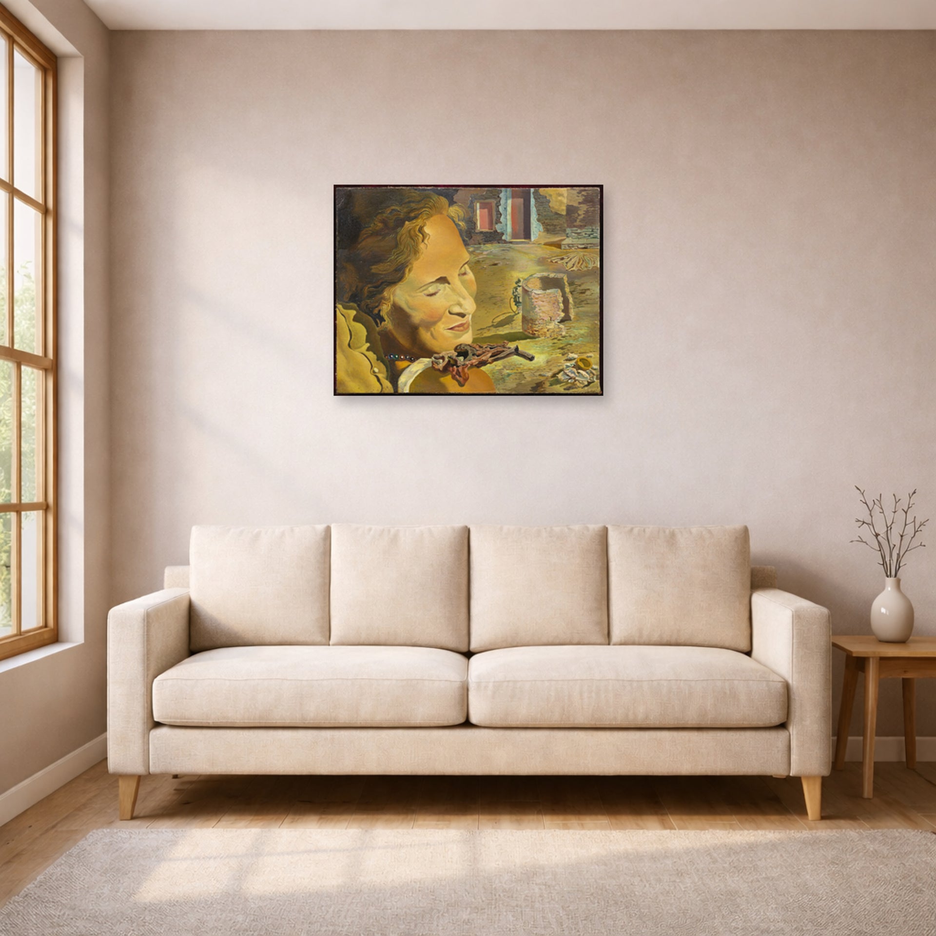 Unframed poster print of Salvador Dali's Portrait of Gala with Two Lamb Chops in Equilibrium Upon Her Shoulder displayed on a wall in a living room