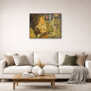 Unframed poster print of Salvador Dali's Portrait of Gala with Two Lamb Chops in Equilibrium Upon Her Shoulder displayed on a wall in a living room