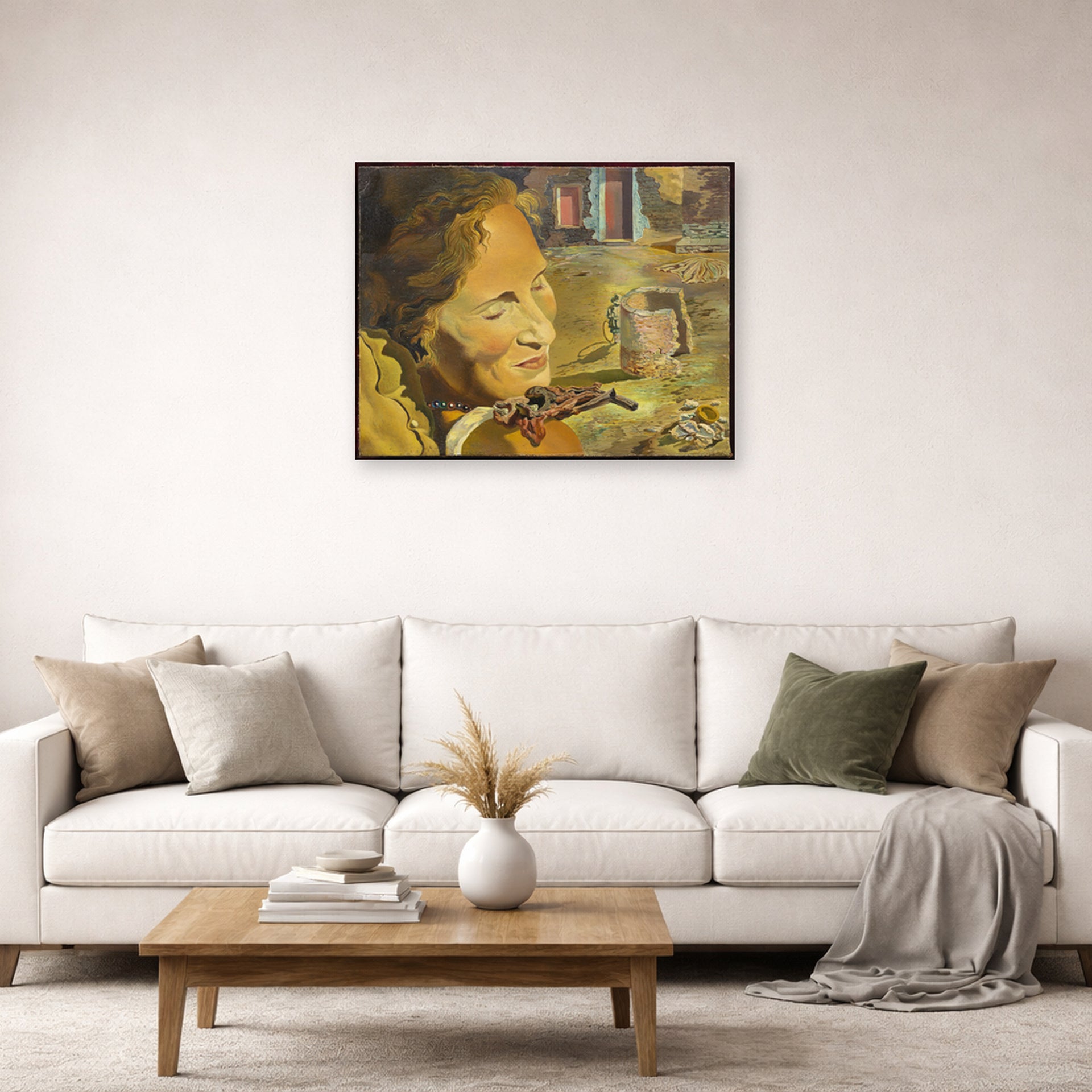 Unframed poster print of Salvador Dali's Portrait of Gala with Two Lamb Chops in Equilibrium Upon Her Shoulder displayed on a wall in a living room