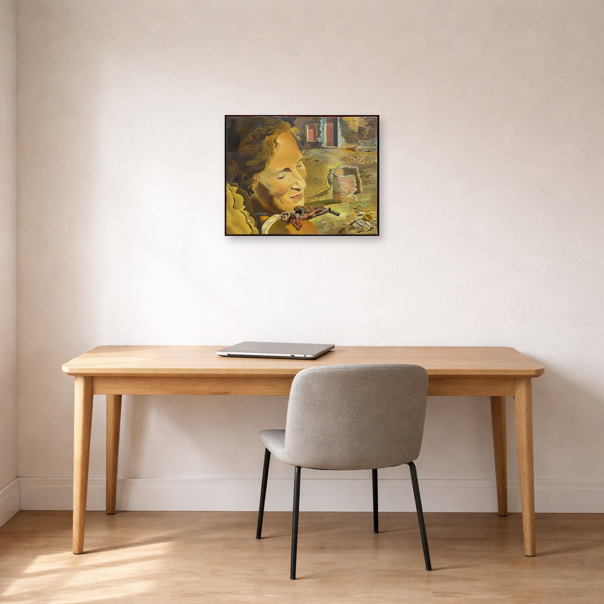Unframed poster print of Salvador Dali's Portrait of Gala with Two Lamb Chops in Equilibrium Upon Her Shoulder displayed on a wall in a office