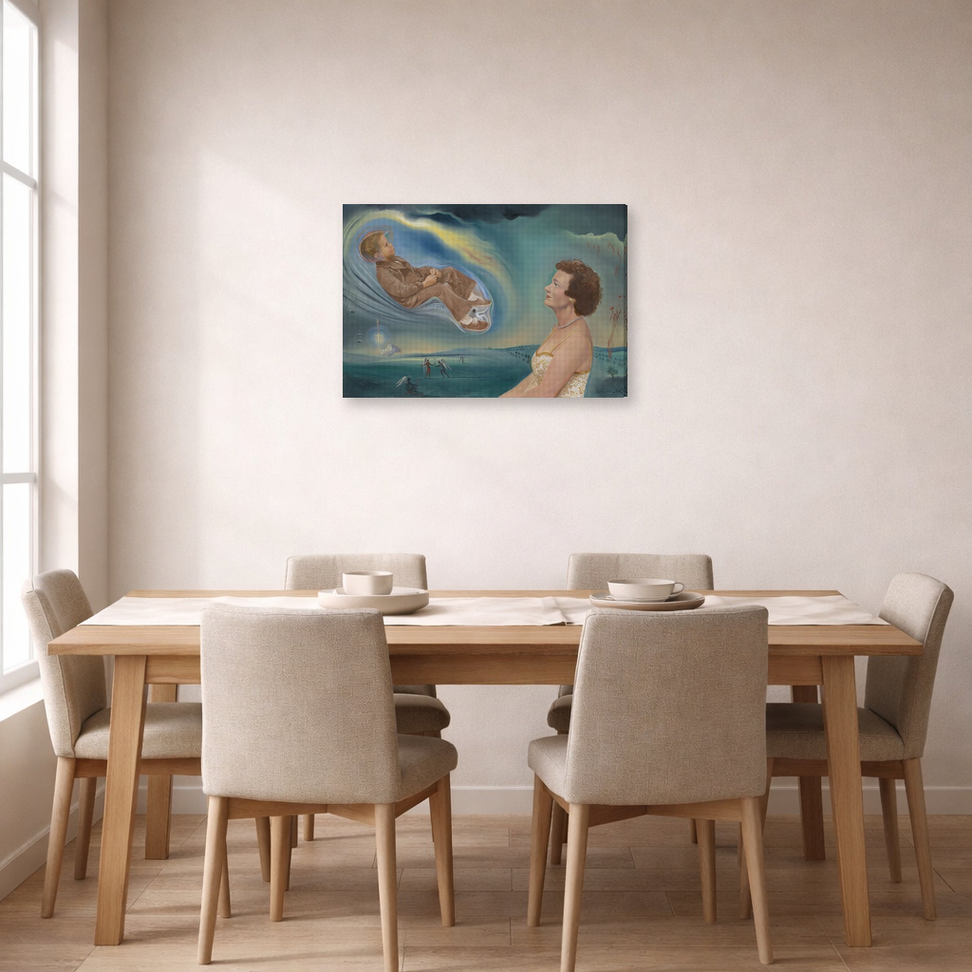 Gallery-wrapped canvas print of Salvador Dali's Portrait of Madame Ann Green and Her Son displayed on a wall in a dining room