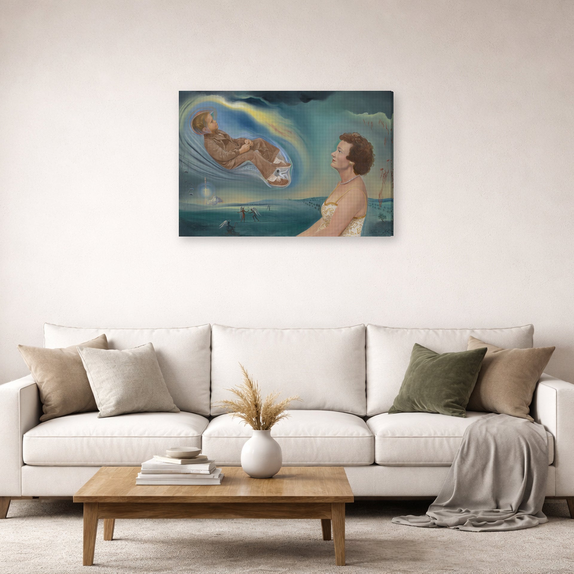 Gallery-wrapped canvas print of Salvador Dali's Portrait of Madame Ann Green and Her Son displayed on a wall in a living room