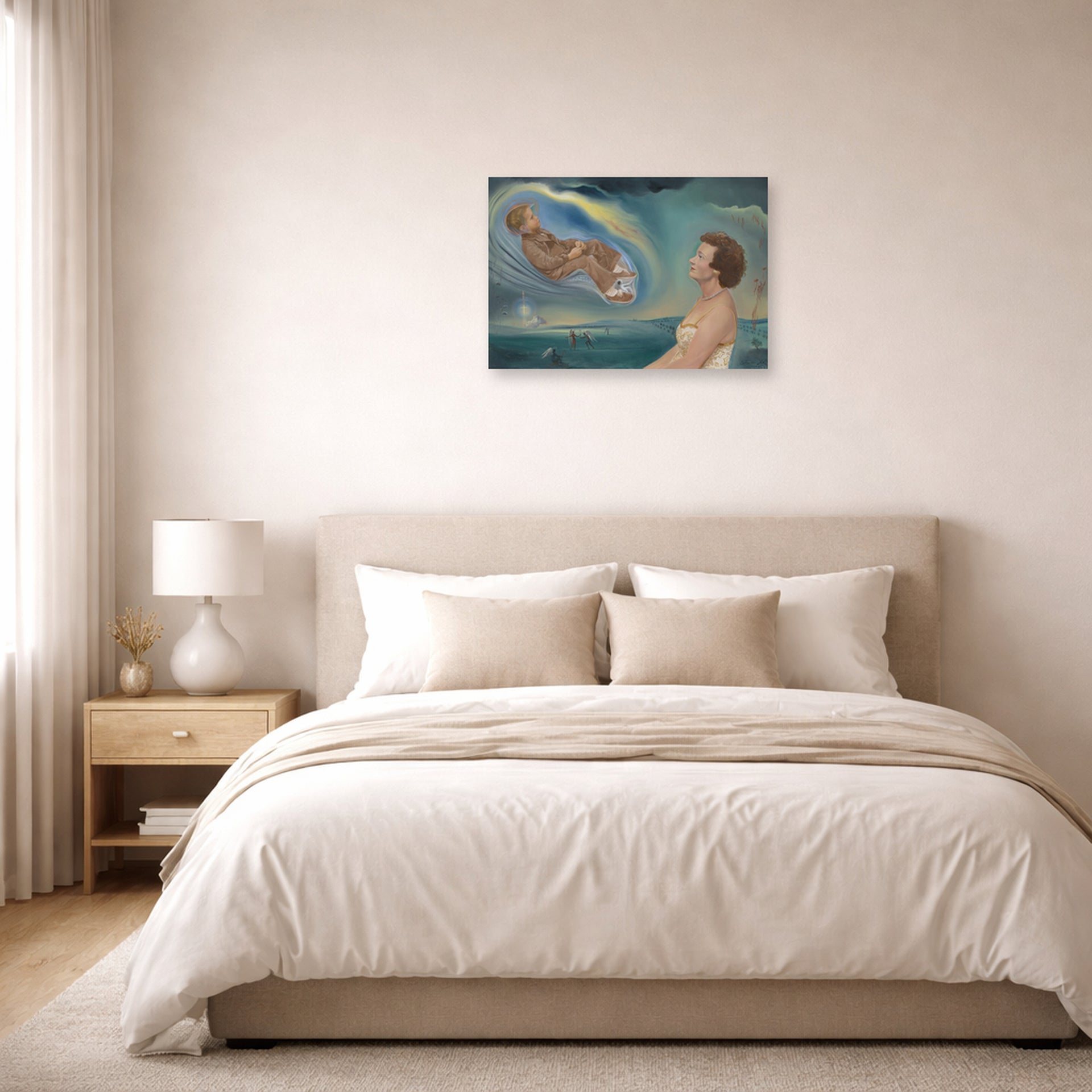 Unframed poster print of Salvador Dali's Portrait of Madame Ann Green and Her Son displayed on a wall in a bedroom
