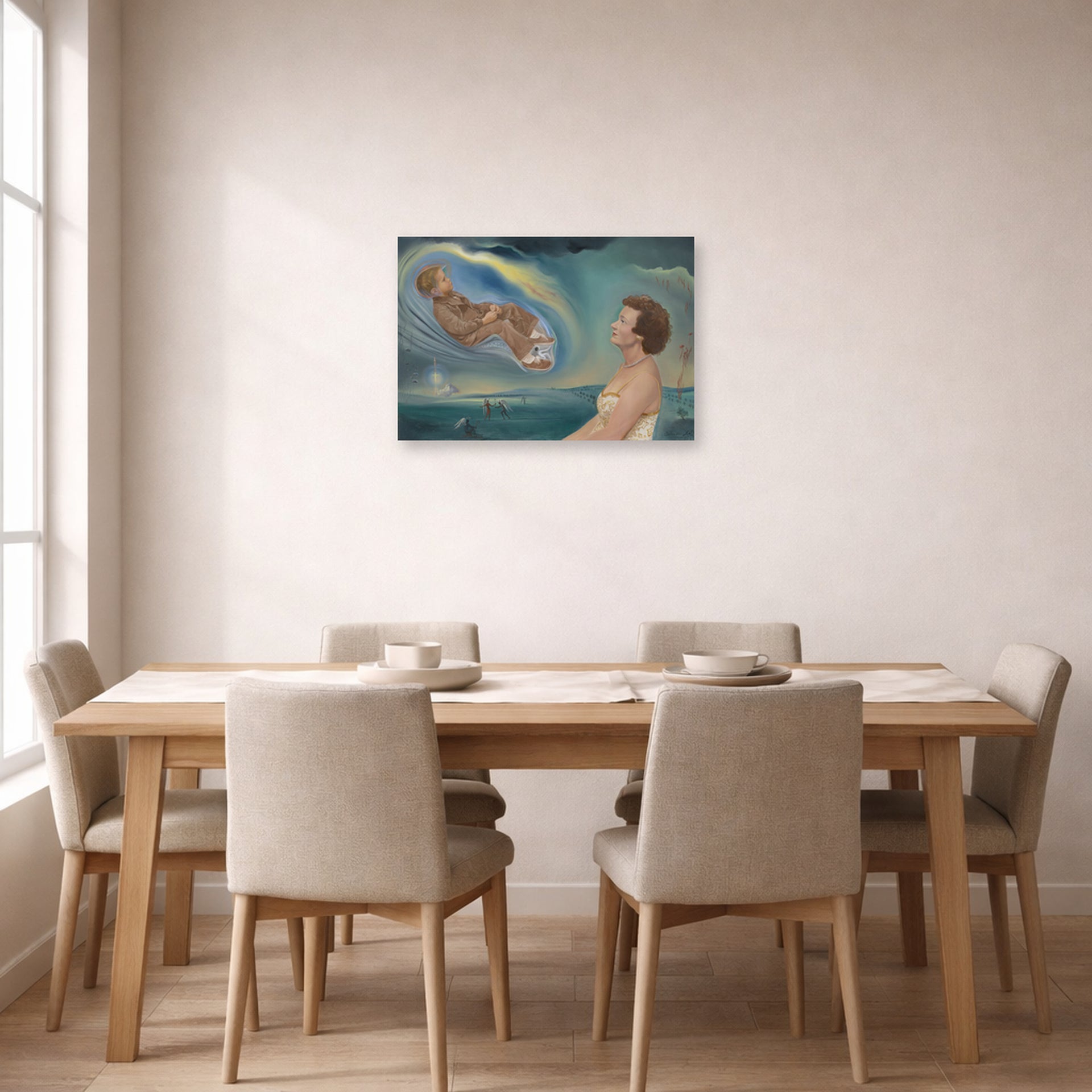 Unframed poster print of Salvador Dali's Portrait of Madame Ann Green and Her Son displayed on a wall in a dining room