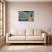 Unframed poster print of Salvador Dali's Portrait of Madame Ann Green and Her Son displayed on a wall in a living room