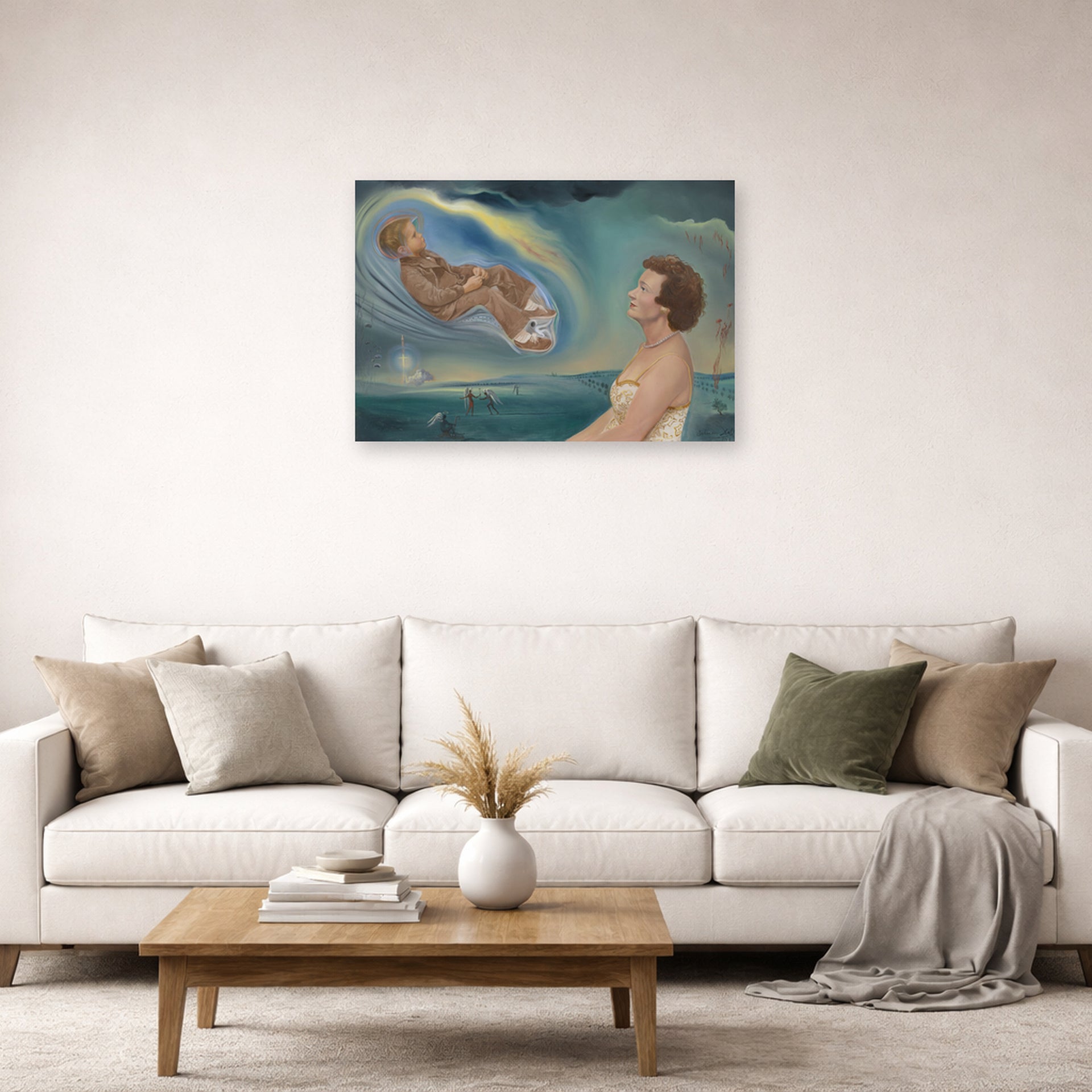 Unframed poster print of Salvador Dali's Portrait of Madame Ann Green and Her Son displayed on a wall in a living room