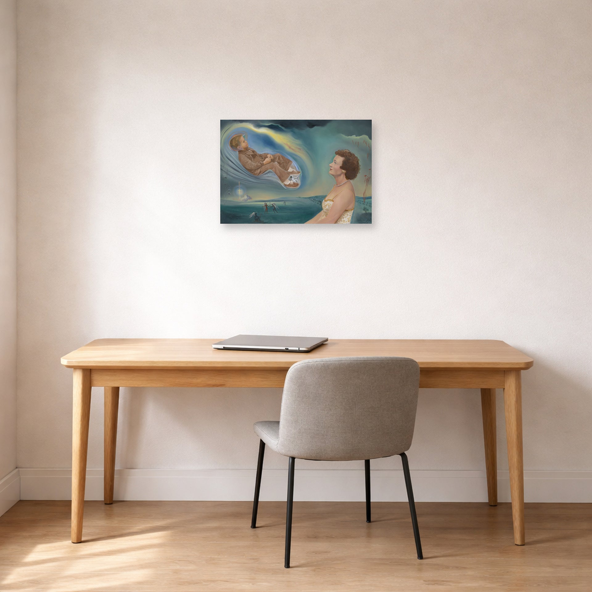 Unframed poster print of Salvador Dali's Portrait of Madame Ann Green and Her Son displayed on a wall in a office