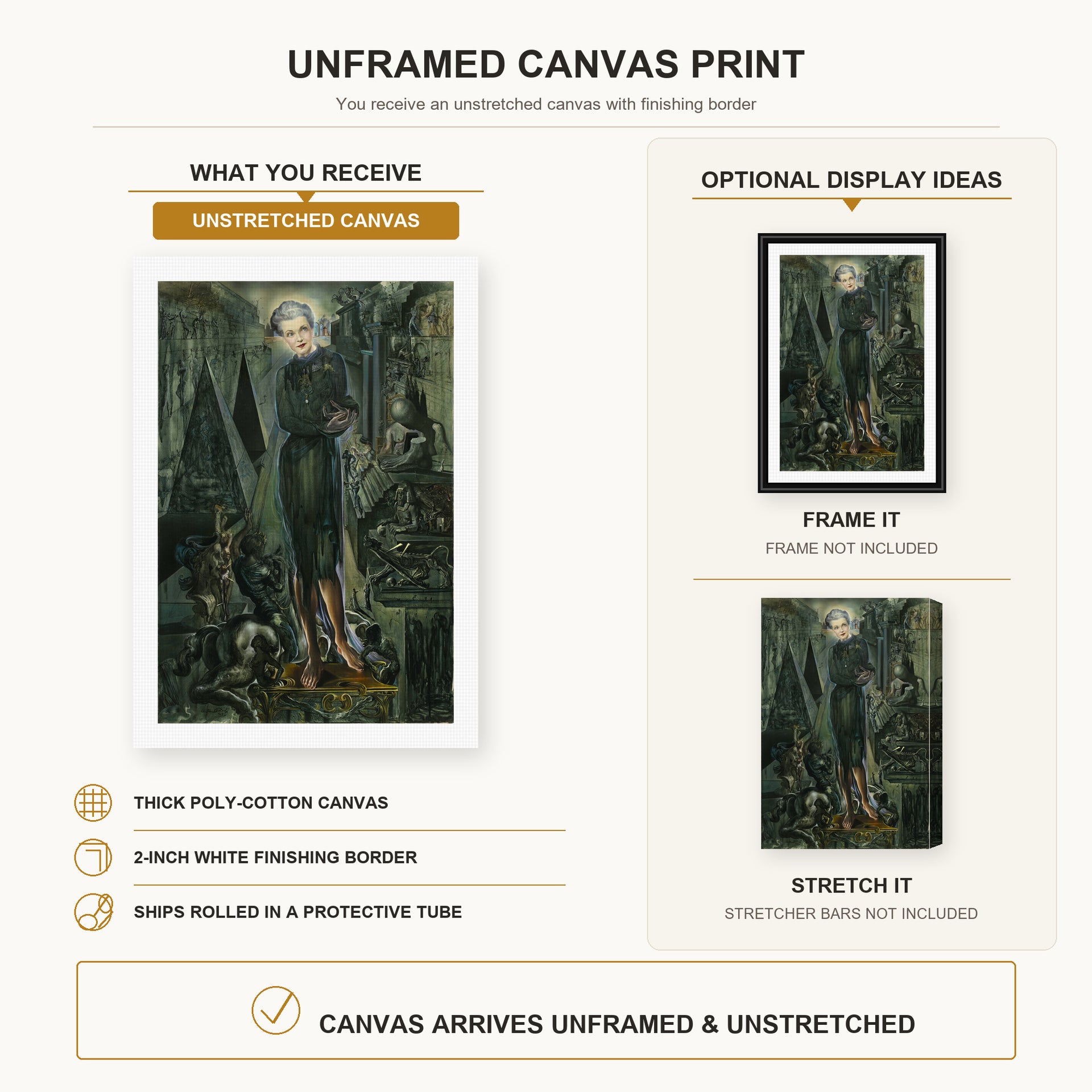 Salvador Dali - Portrait of Mrs Harrison Williams canvas print size comparison and framing display infographic