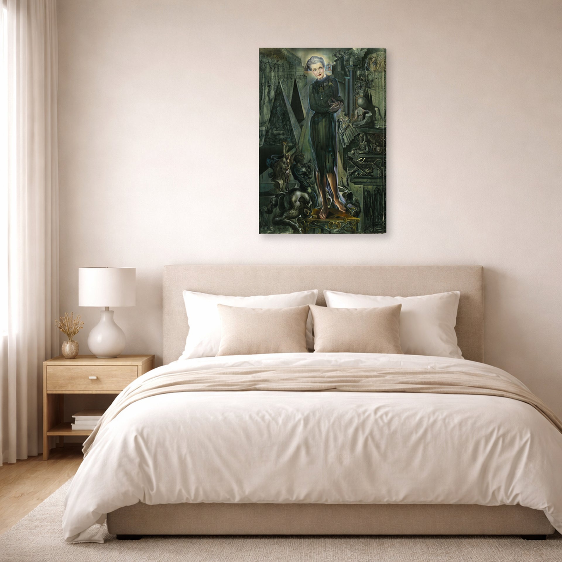 Gallery-wrapped canvas print of Salvador Dali's Portrait of Mrs Harrison Williams displayed on a wall in a bedroom