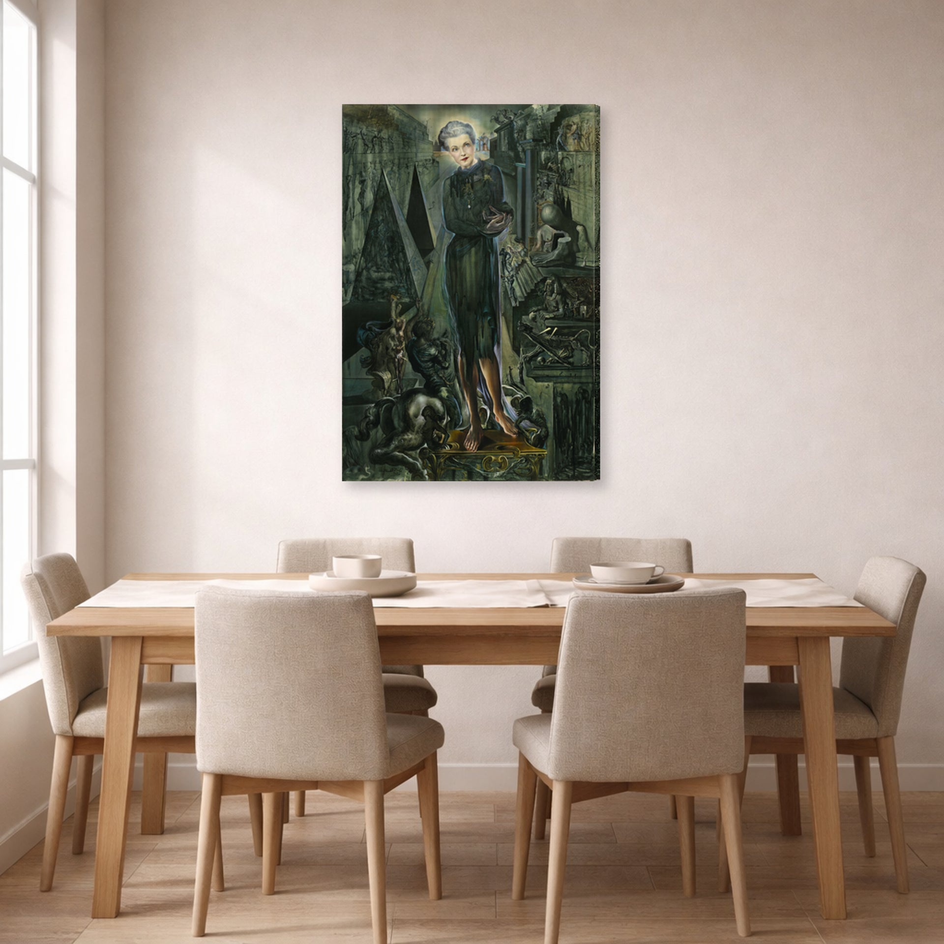 Gallery-wrapped canvas print of Salvador Dali's Portrait of Mrs Harrison Williams displayed on a wall in a dining room