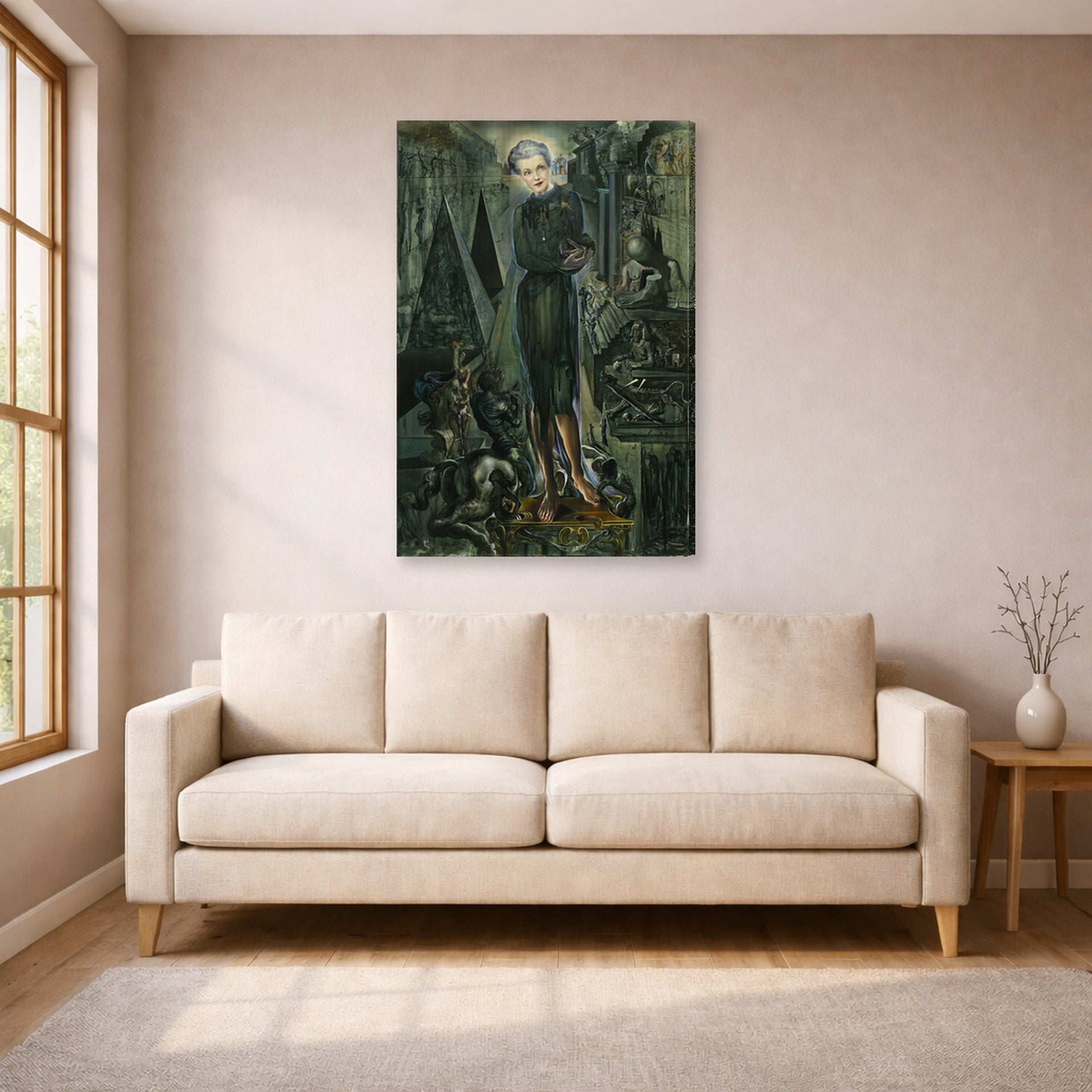 Gallery-wrapped canvas print of Salvador Dali's Portrait of Mrs Harrison Williams displayed on a wall in a living room