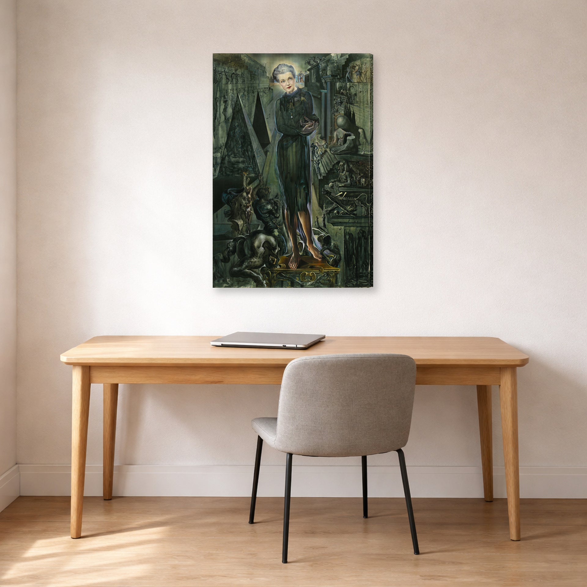 Gallery-wrapped canvas print of Salvador Dali's Portrait of Mrs Harrison Williams displayed on a wall in a office