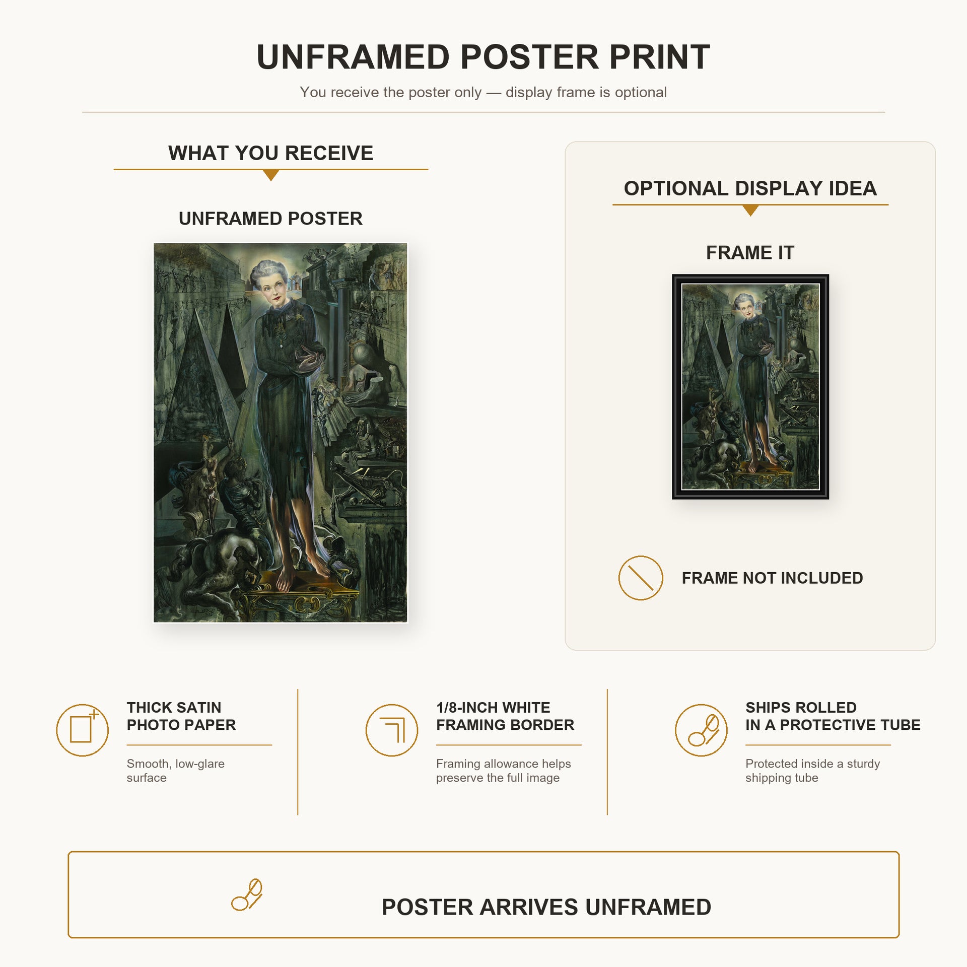 Salvador Dali - Portrait of Mrs Harrison Williams poster print size comparison and framing display infographic