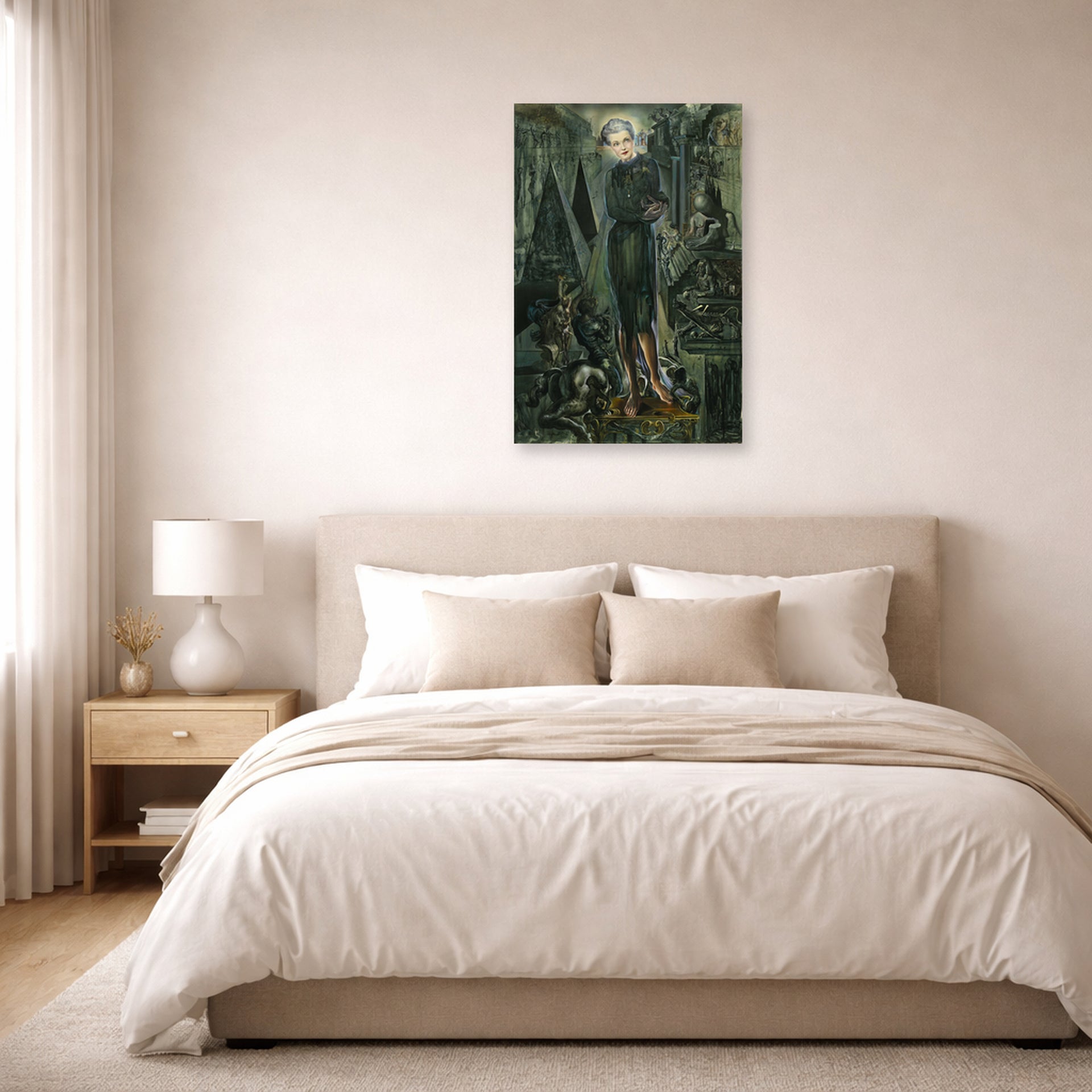 Unframed poster print of Salvador Dali's Portrait of Mrs Harrison Williams displayed on a wall in a bedroom