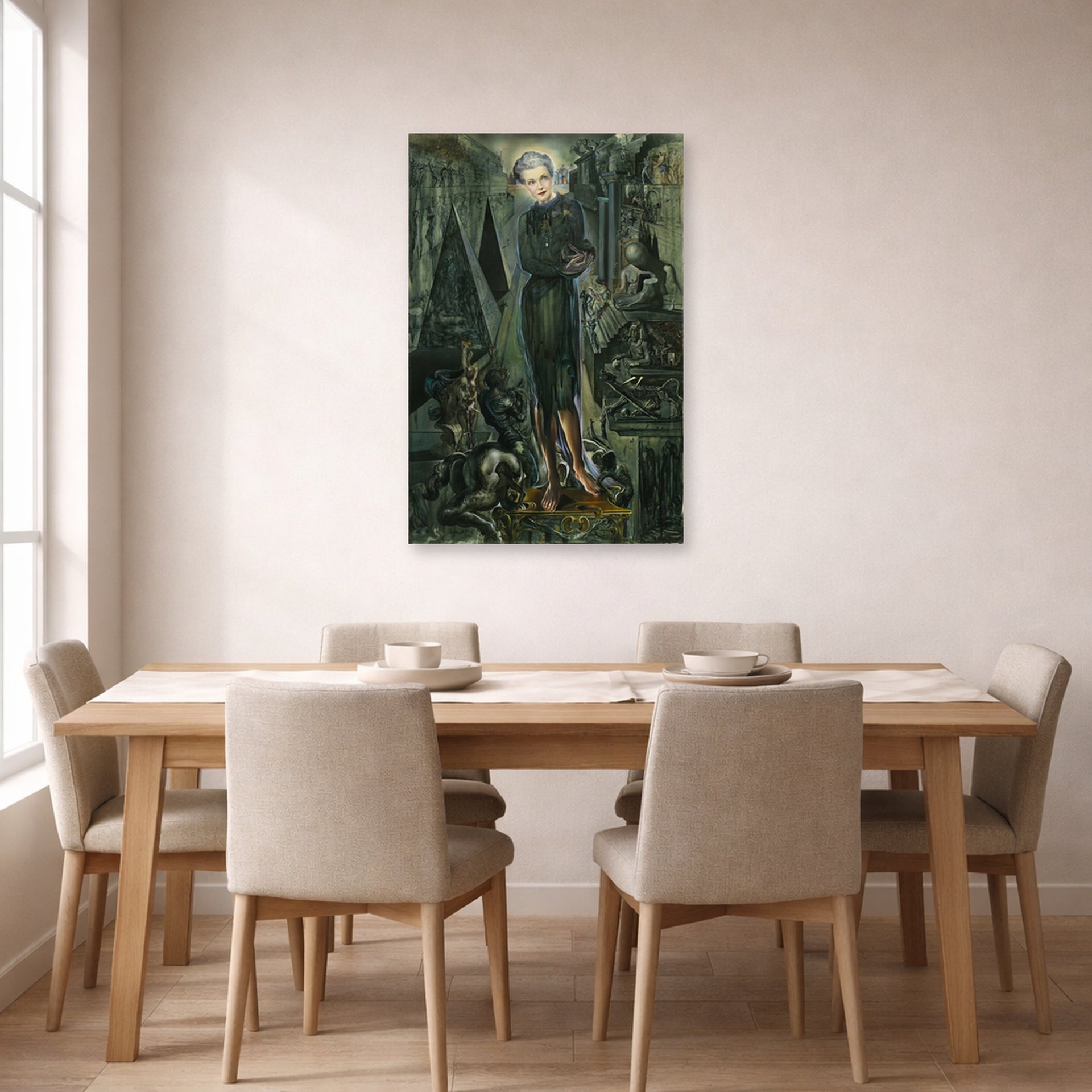 Unframed poster print of Salvador Dali's Portrait of Mrs Harrison Williams displayed on a wall in a dining room