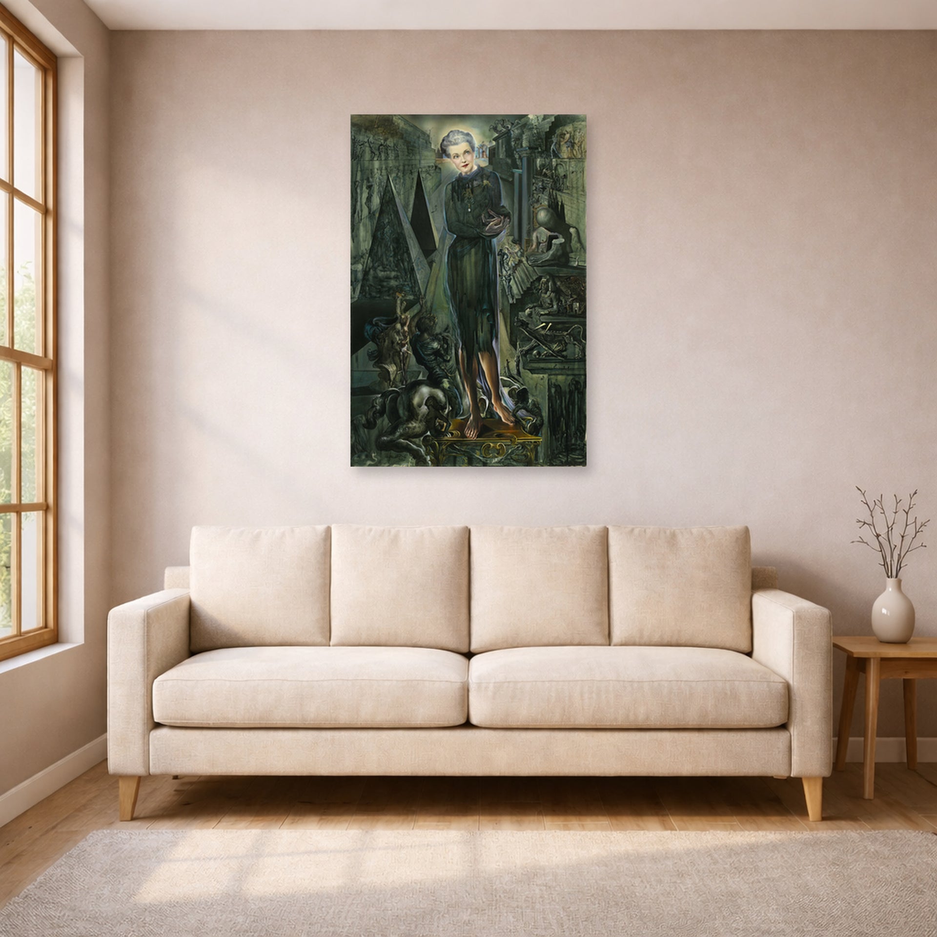 Unframed poster print of Salvador Dali's Portrait of Mrs Harrison Williams displayed on a wall in a living room
